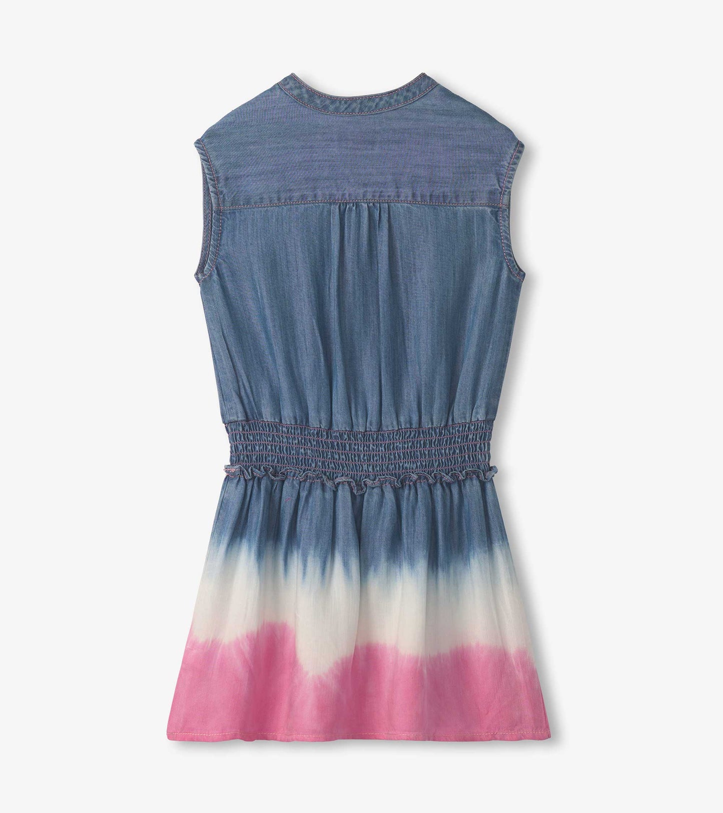 Sleeveless dress with a smocked waist, featuring a blue top and a pink ombre pattern on the skirt.