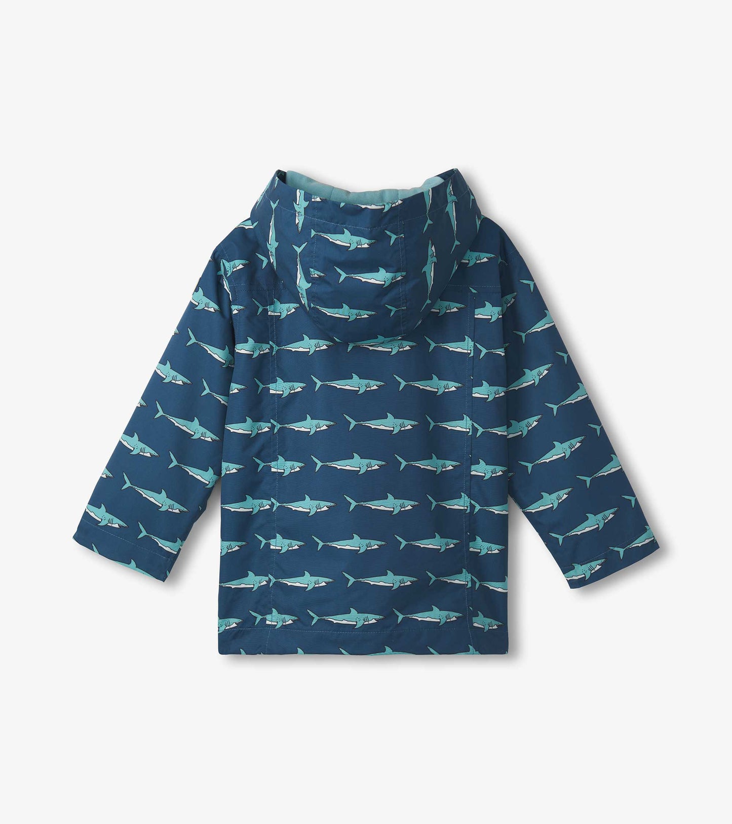 Navy lightweight raincoat with a shark pattern, featuring a hood and zip-up front. Back view shown.