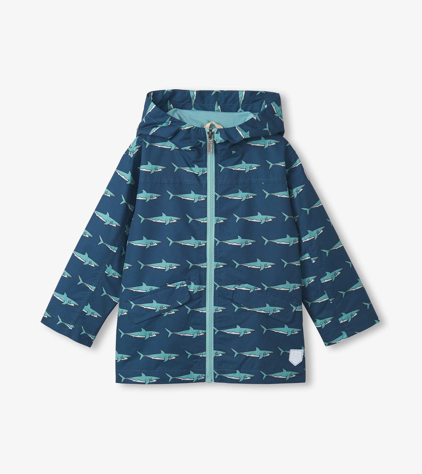 Lightweight zip-up raincoat featuring a blue shark pattern on a navy background, with a hood and front pockets.