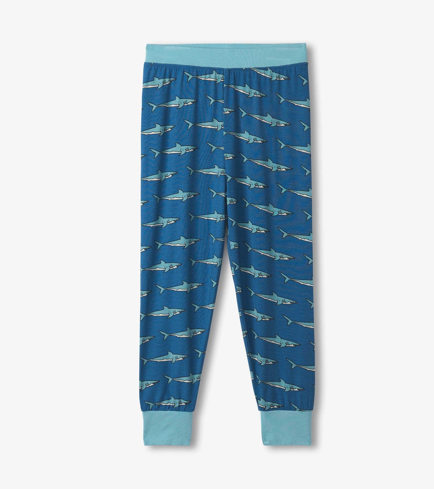 Blue bamboo pyjama set featuring a playful shark pattern, with a light blue waistband and cuffs.