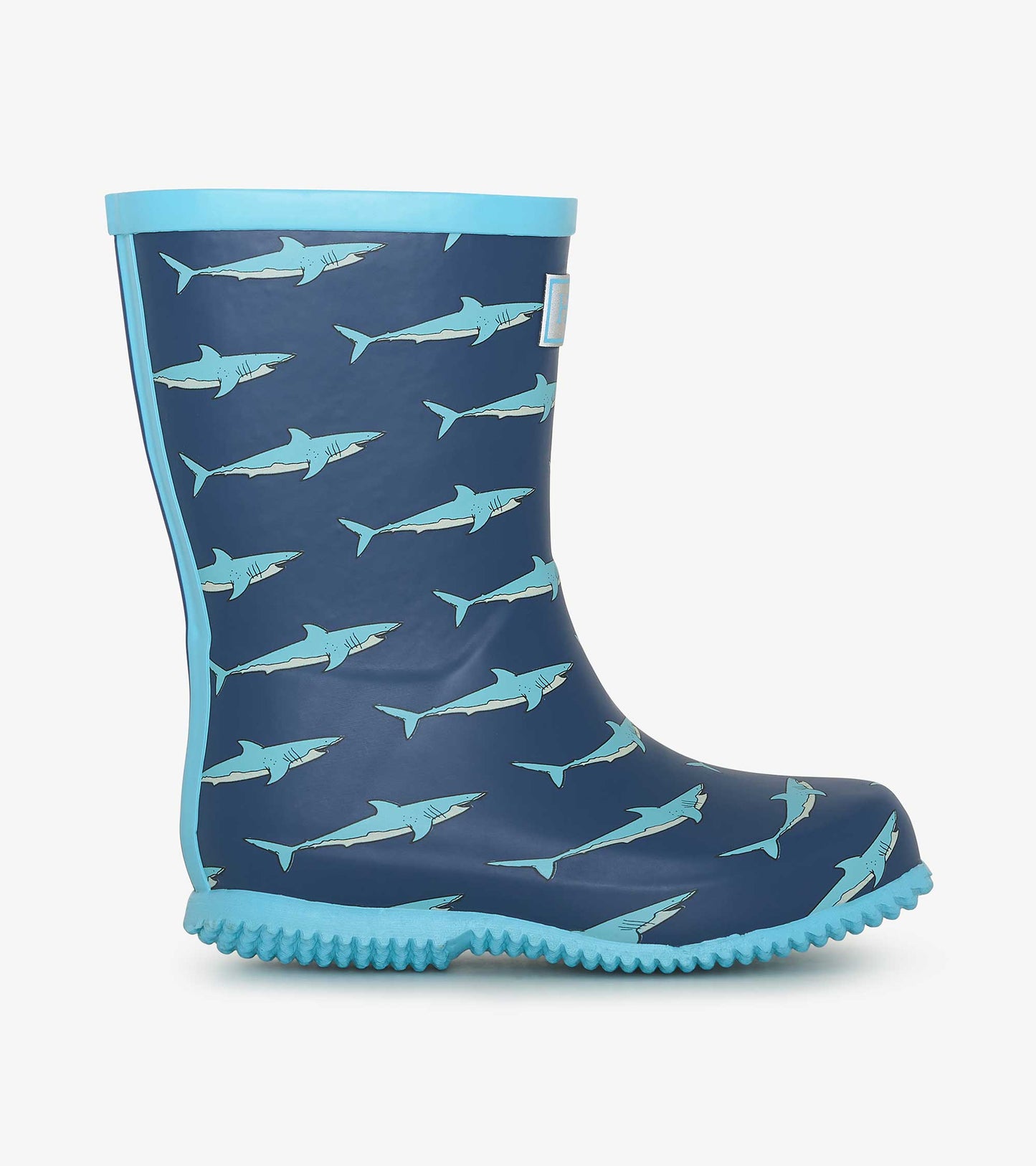 Navy blue wellies featuring a shark pattern, with a light blue trim and textured sole for grip.
