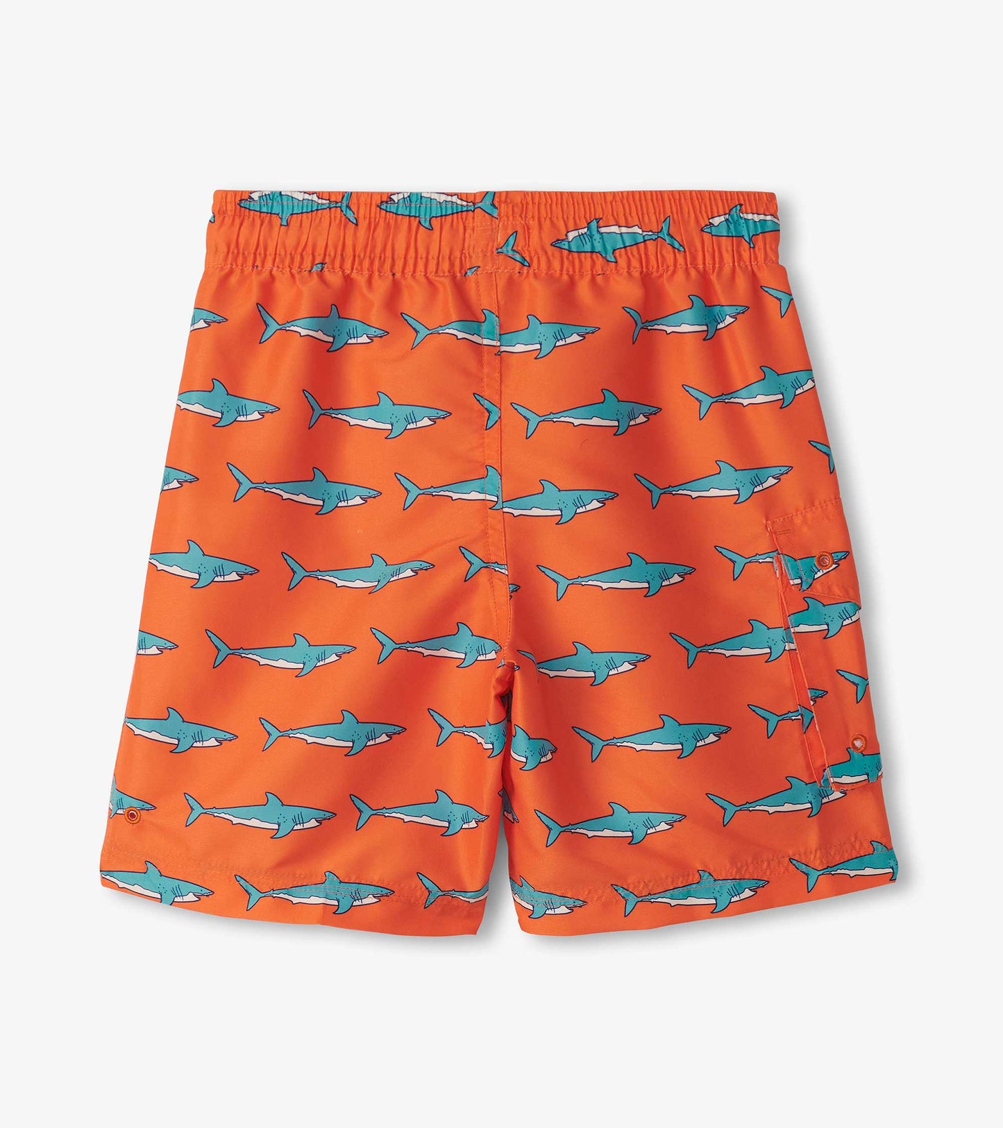 Orange board shorts featuring a playful shark pattern, ideal for beach or pool activities. Elastic waistband for comfort.