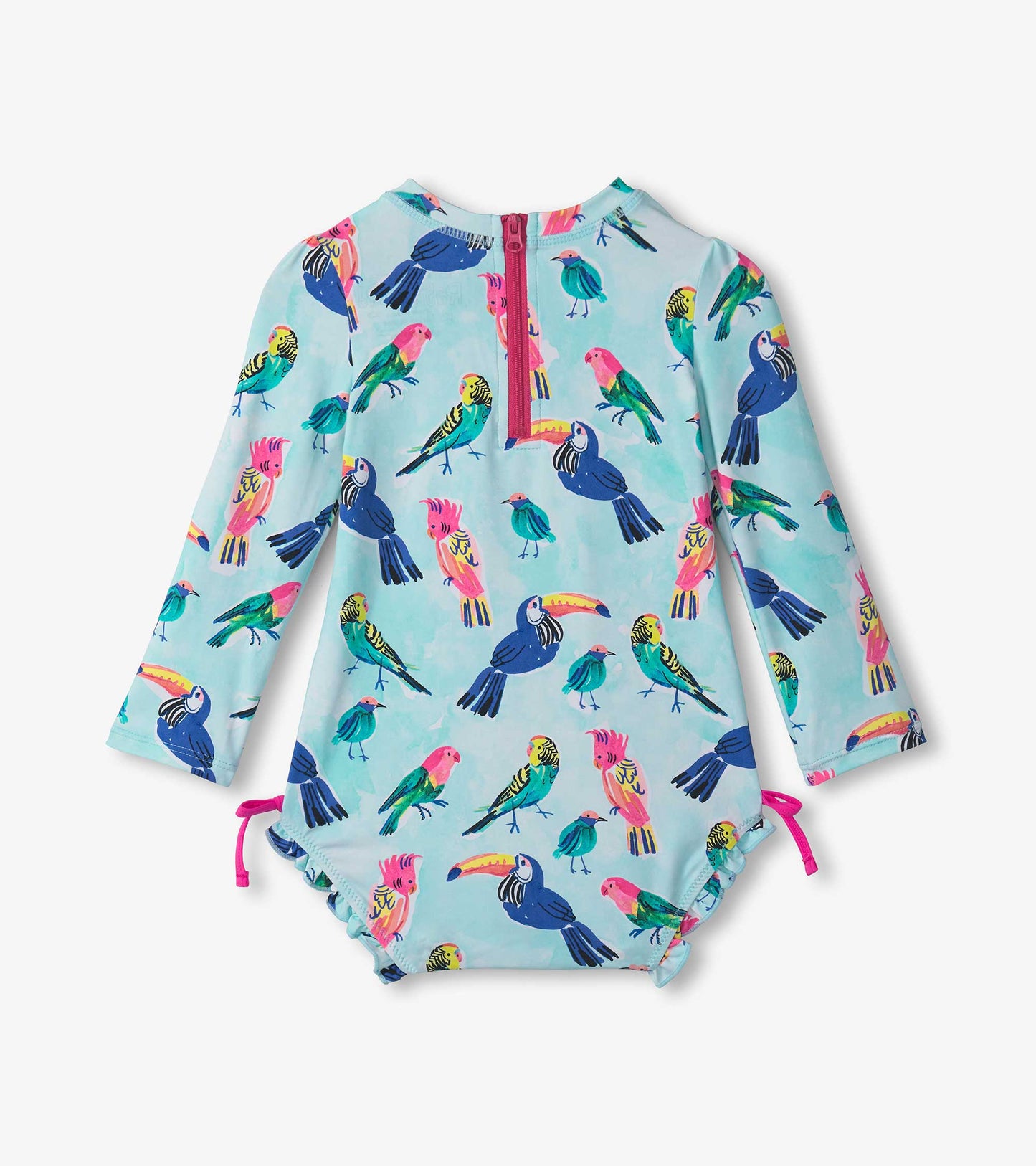 Light blue rashguard swimsuit with colorful tropical bird print and long sleeves, featuring a back zipper and adjustable tie…