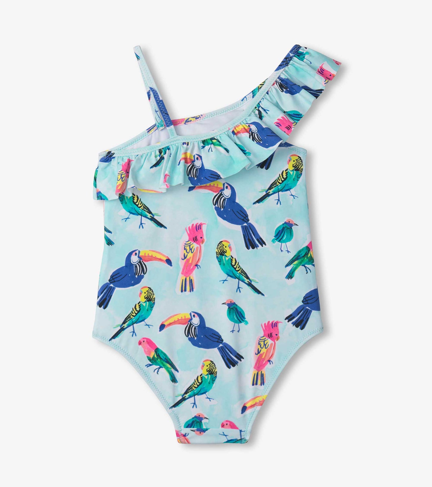 Light blue swimsuit with colorful tropical bird print and ruffle trim, featuring a single shoulder strap.