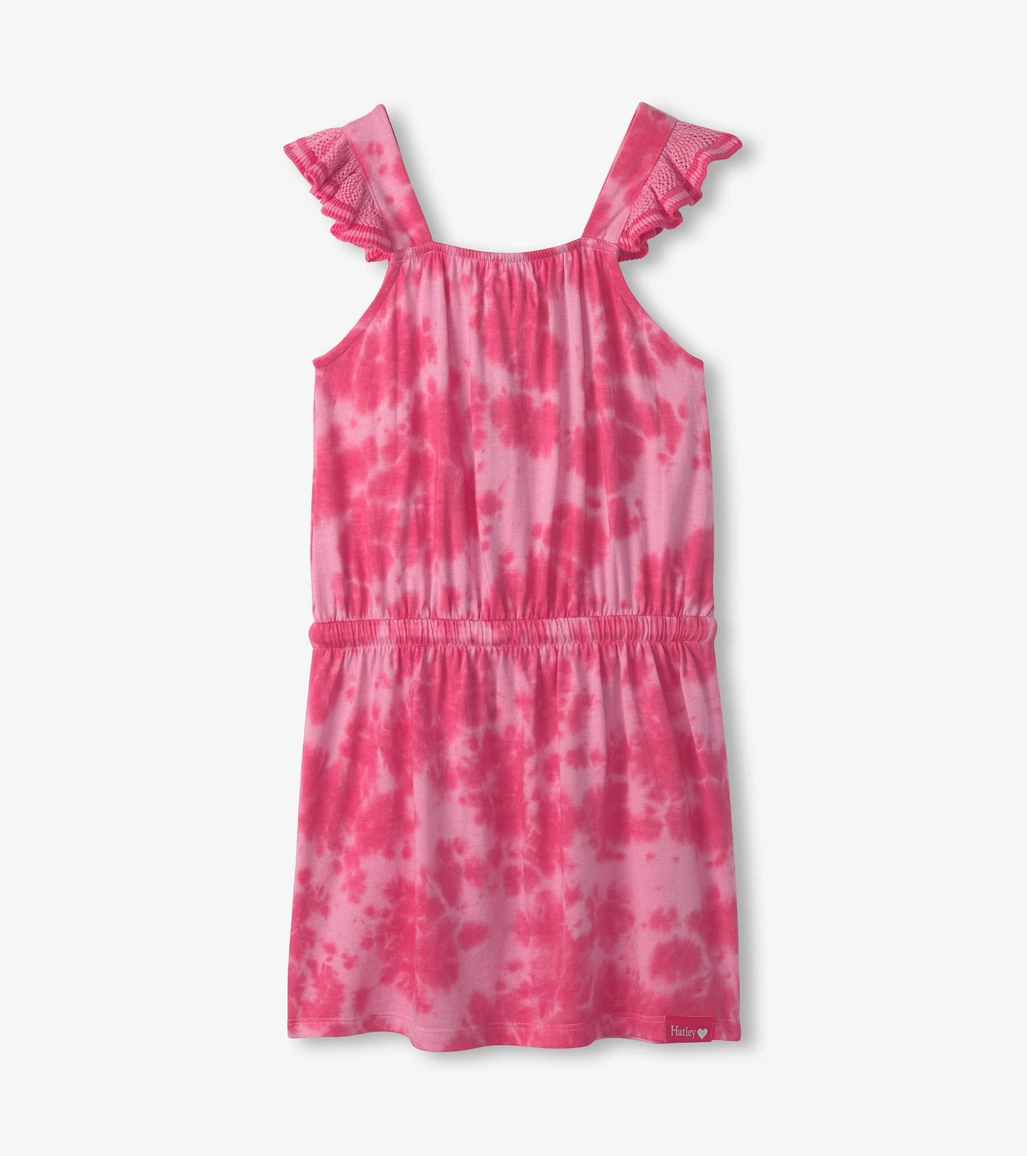 Pink tie-dye dress with crochet bodice and ruffled straps, featuring an elastic waistband for a comfortable fit.