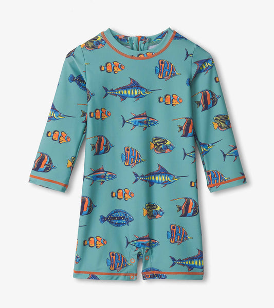 Turquoise one-piece rashguard featuring colorful tropical fish patterns and long sleeves, ideal for baby boys.
