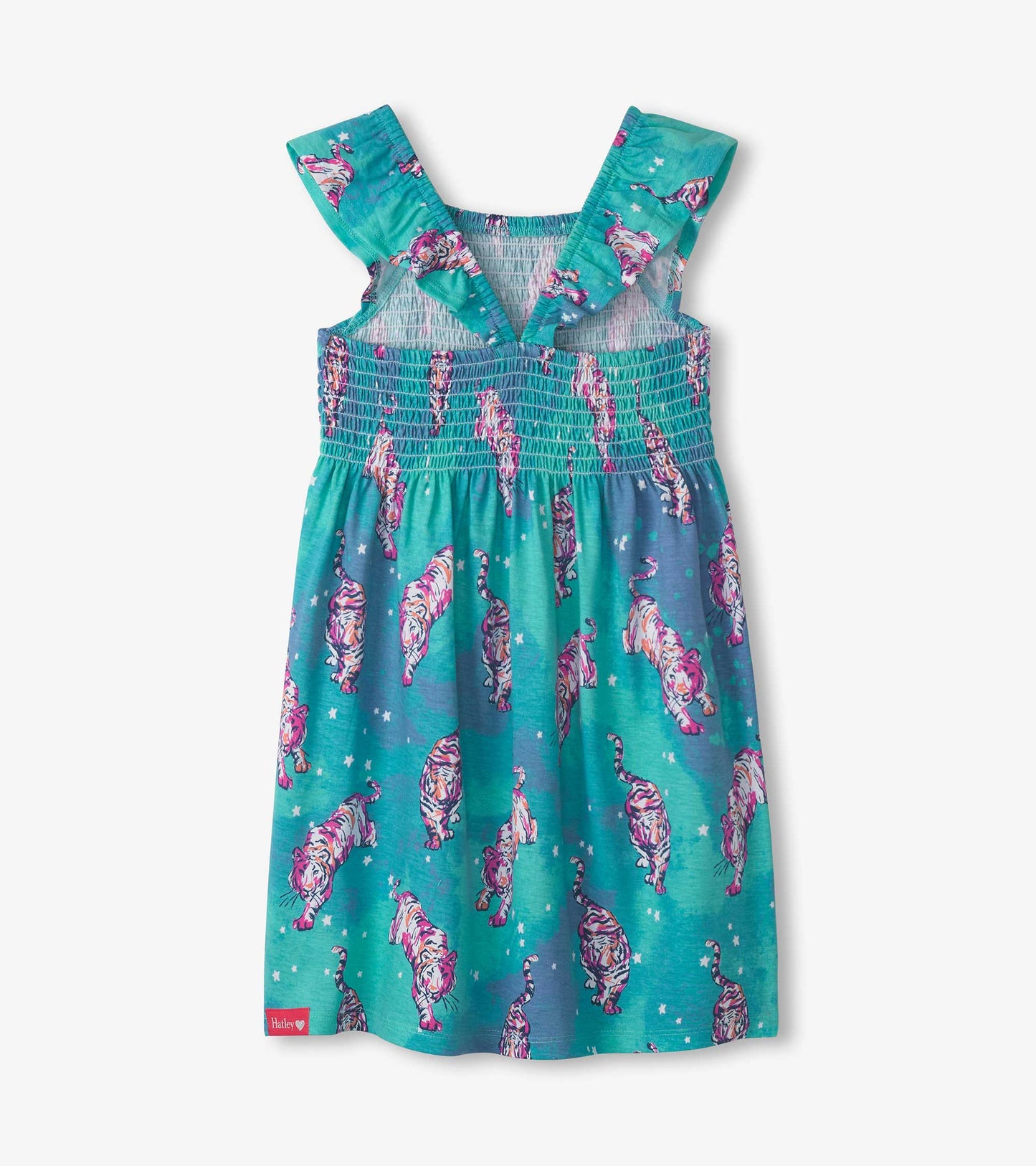 Smocked dress featuring a vibrant teal color with a playful tiger print and ruffled straps.