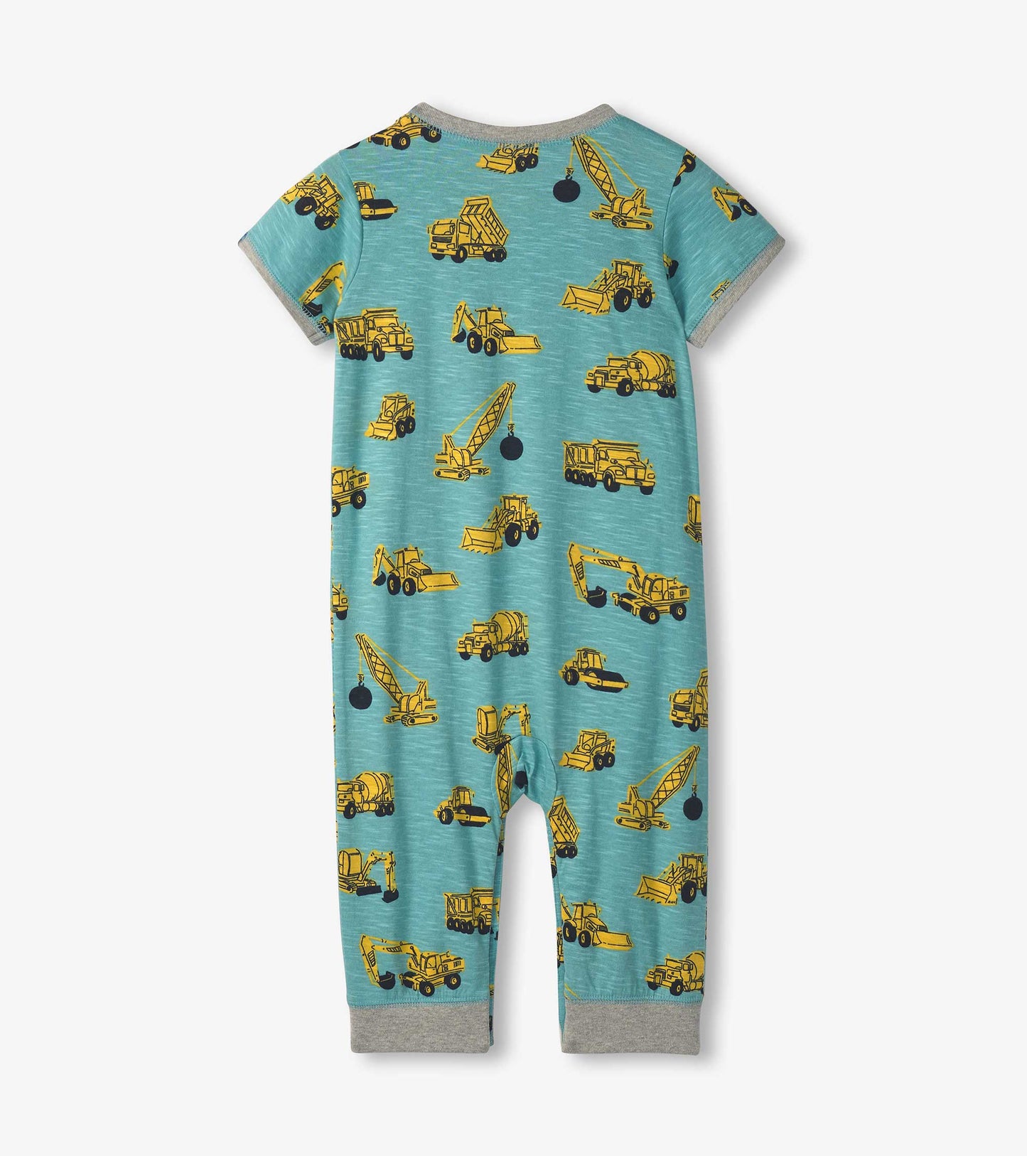 Light blue jersey romper featuring yellow construction vehicle prints, short sleeves, and gray trim.