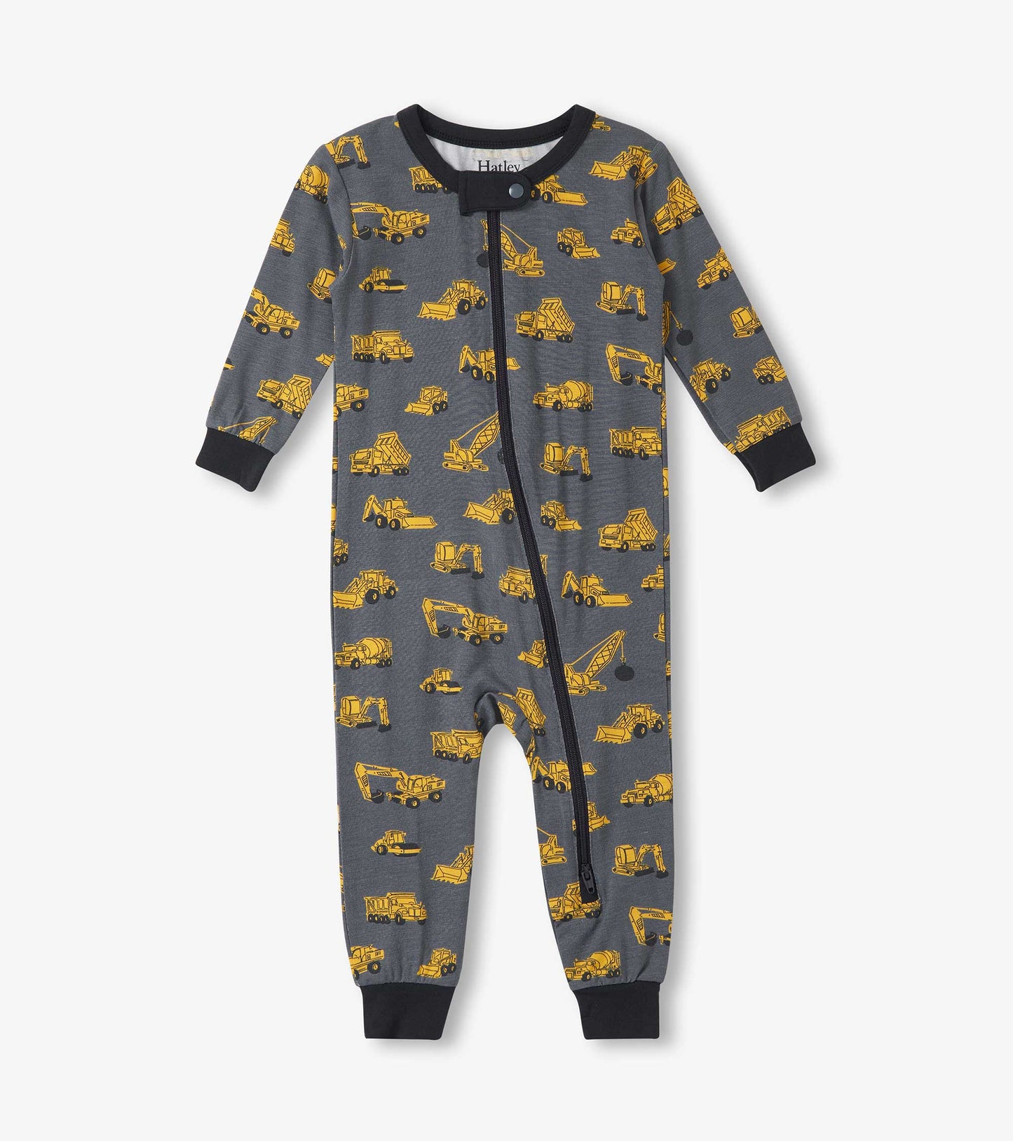 Gray sleeper featuring yellow construction vehicle prints, with long sleeves and a front zipper closure.