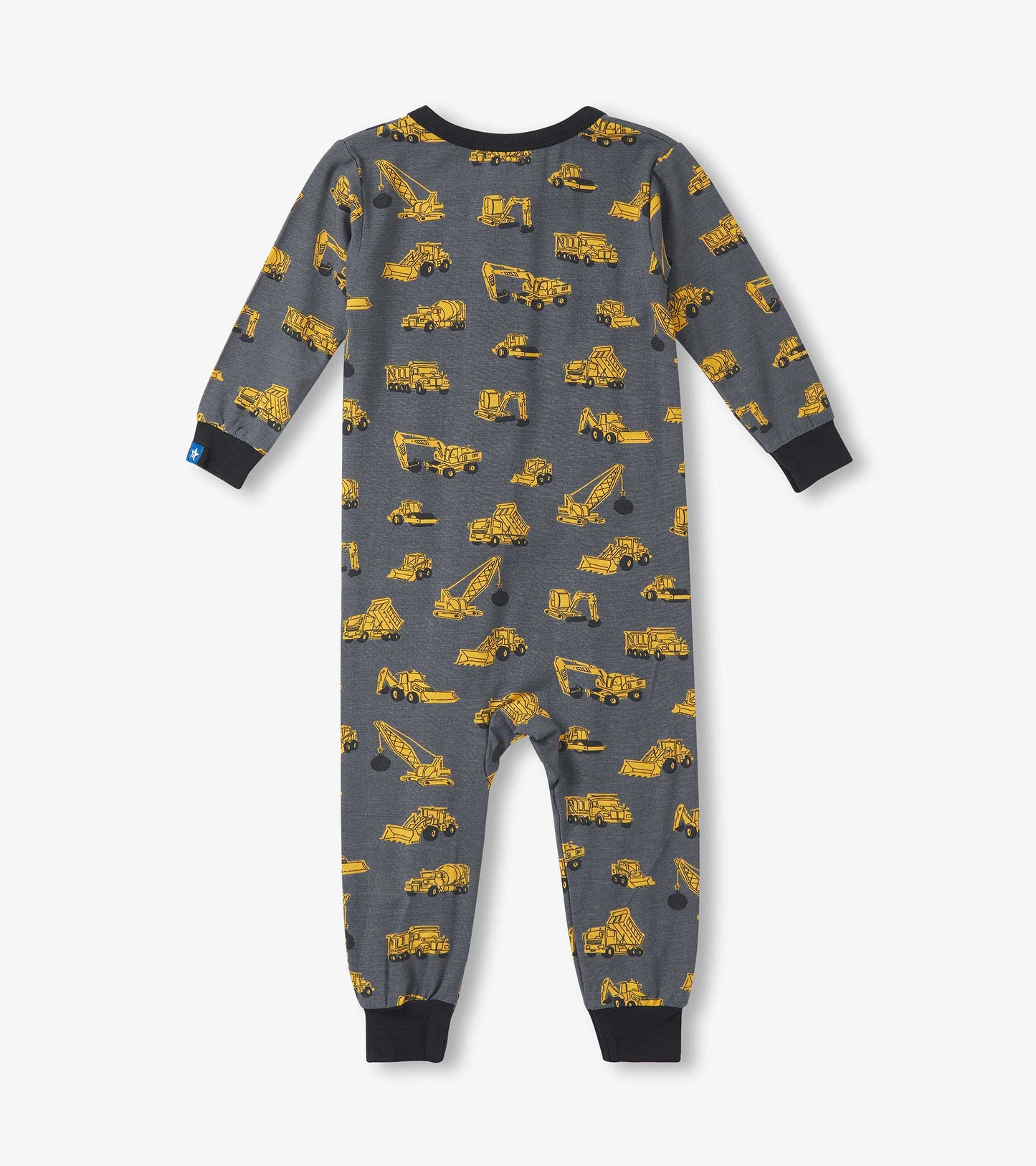 Gray sleeper featuring yellow construction vehicle patterns, long sleeves, and black trim. Suitable for baby boys.