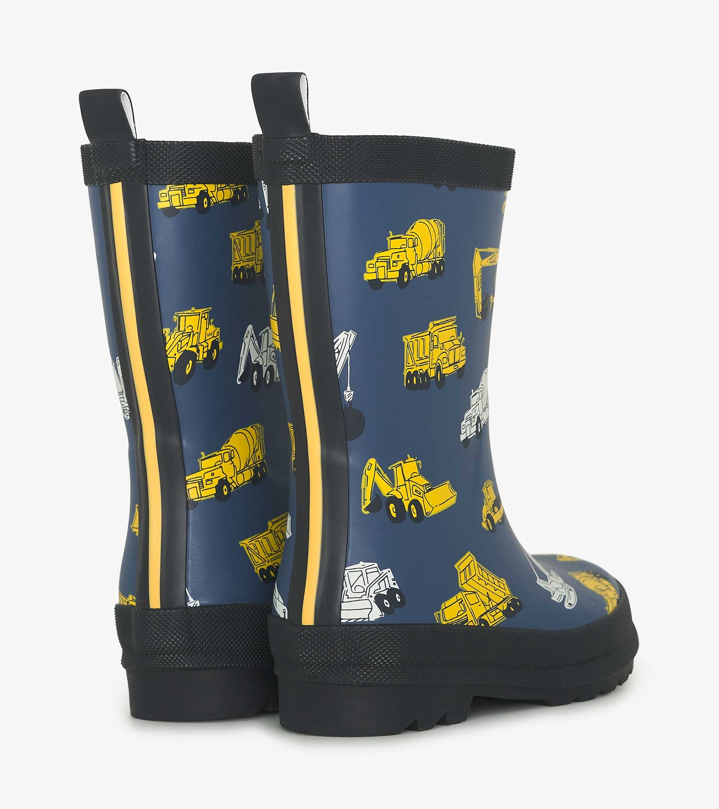 Matte blue wellies featuring yellow construction vehicle patterns and black soles, ideal for rainy days.