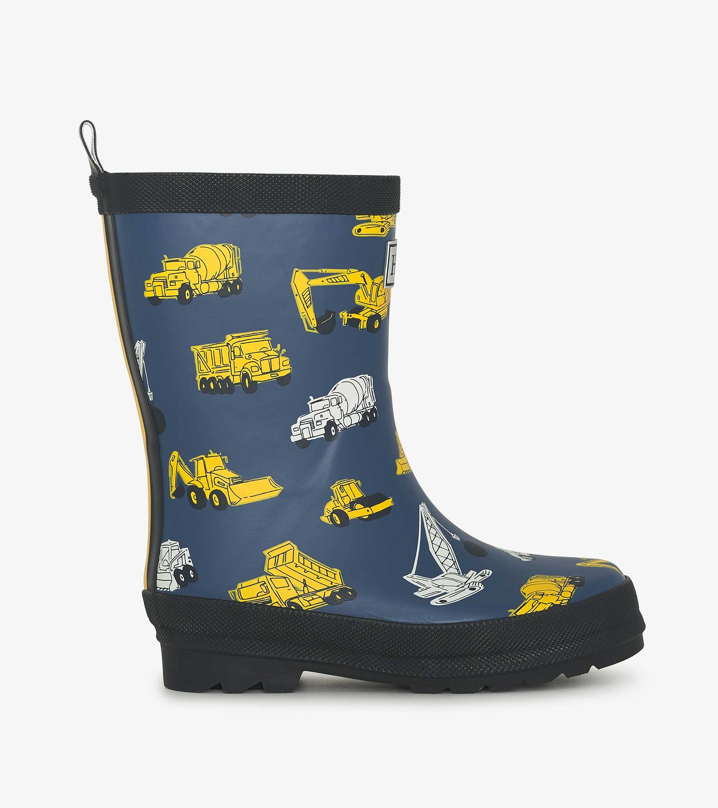 Navy matte wellies featuring yellow construction vehicle patterns, designed for boys, with a textured black sole.