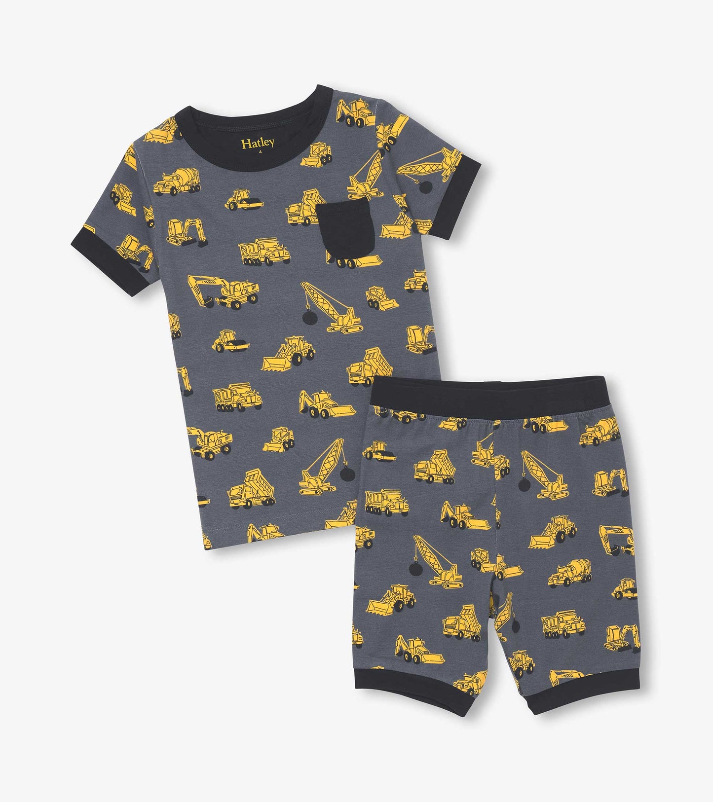 Gray short pyjama set featuring yellow construction vehicle prints, includes a short-sleeve top and matching shorts.