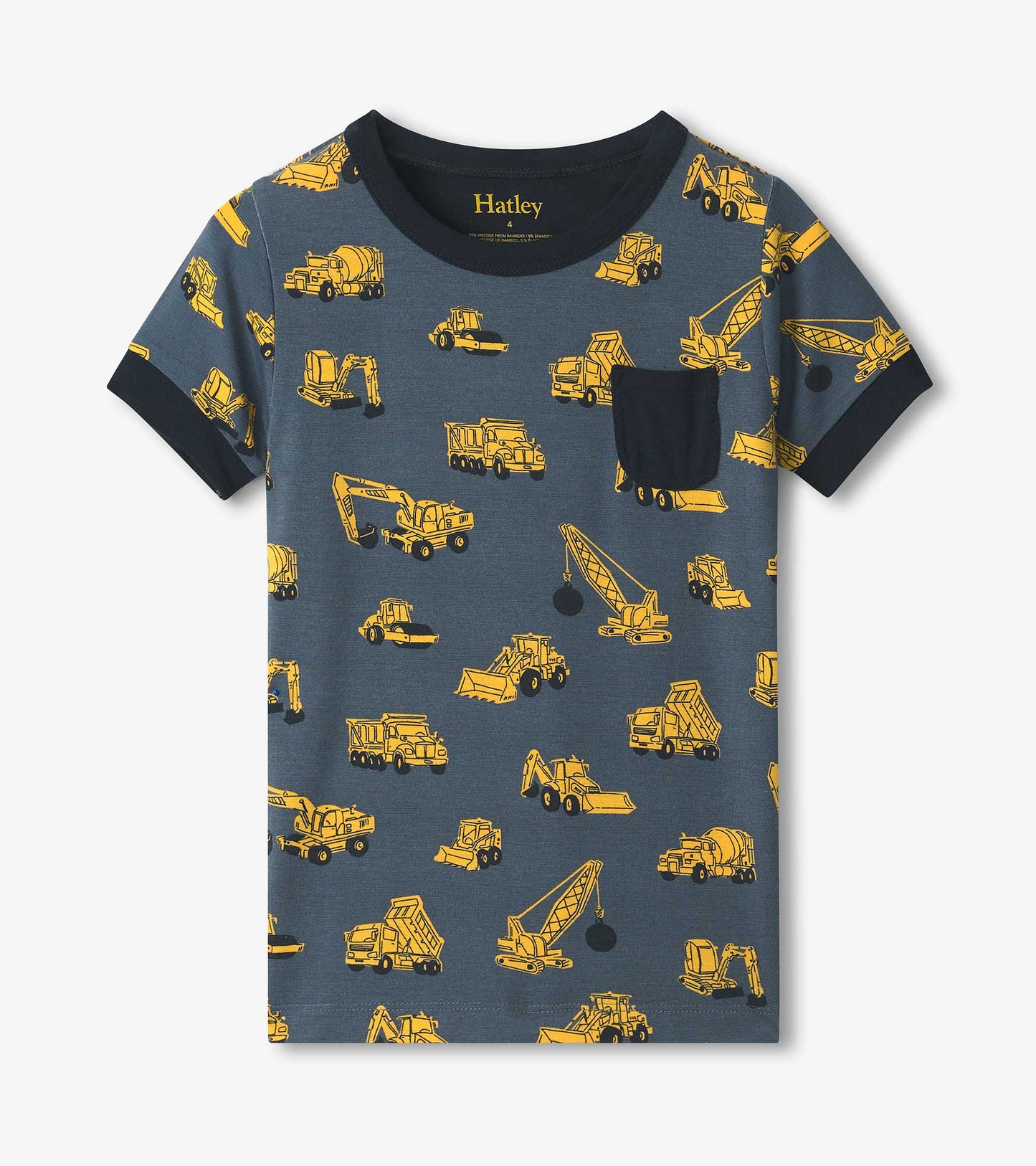 Boys' short pyjama set featuring a navy blue top with yellow construction vehicle prints and a chest pocket.