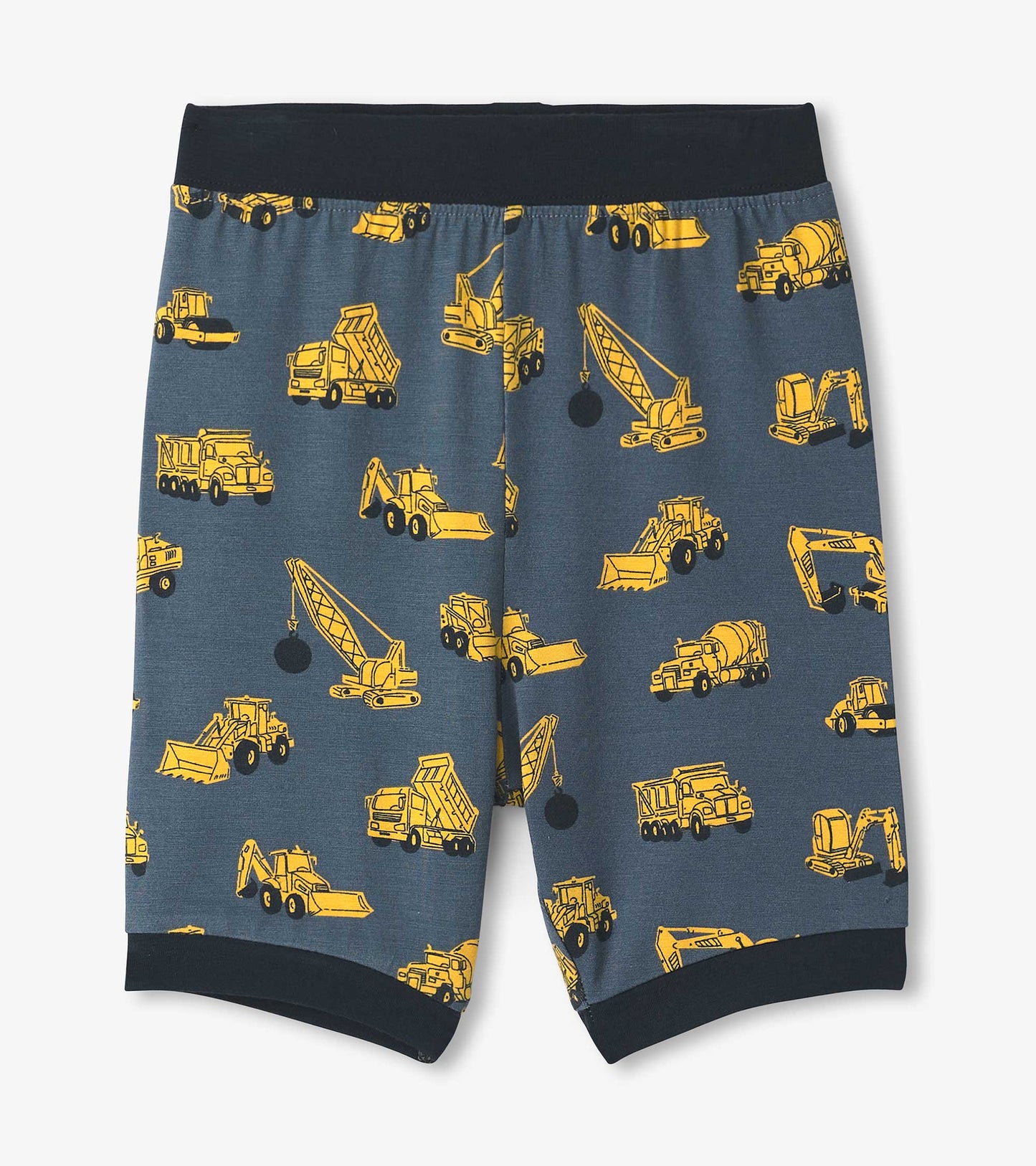 Boys' short pyjama set in dark blue with yellow construction vehicle patterns and a black waistband.