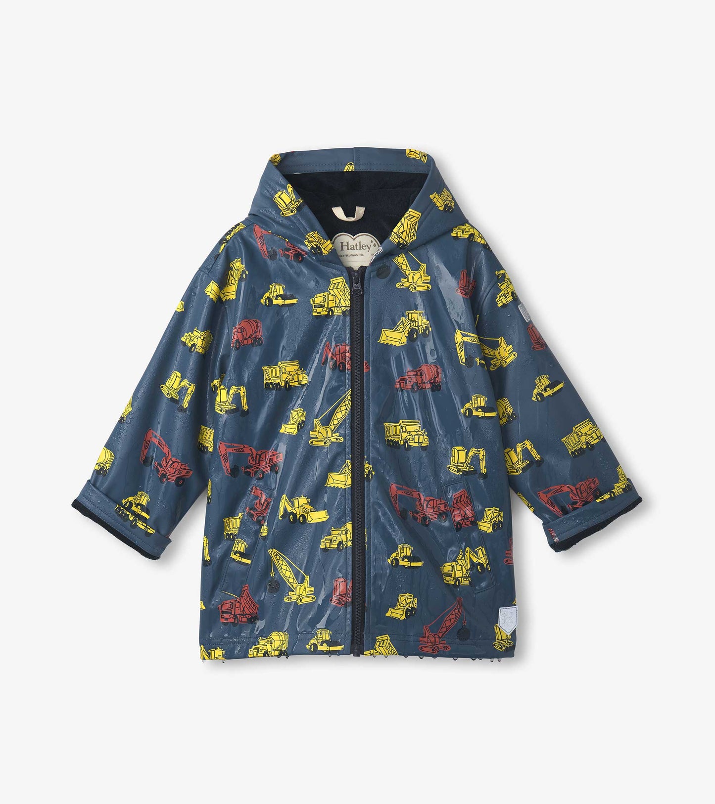 Navy zip-up raincoat featuring colorful construction vehicle prints, ideal for boys, with a hood and waterproof material.