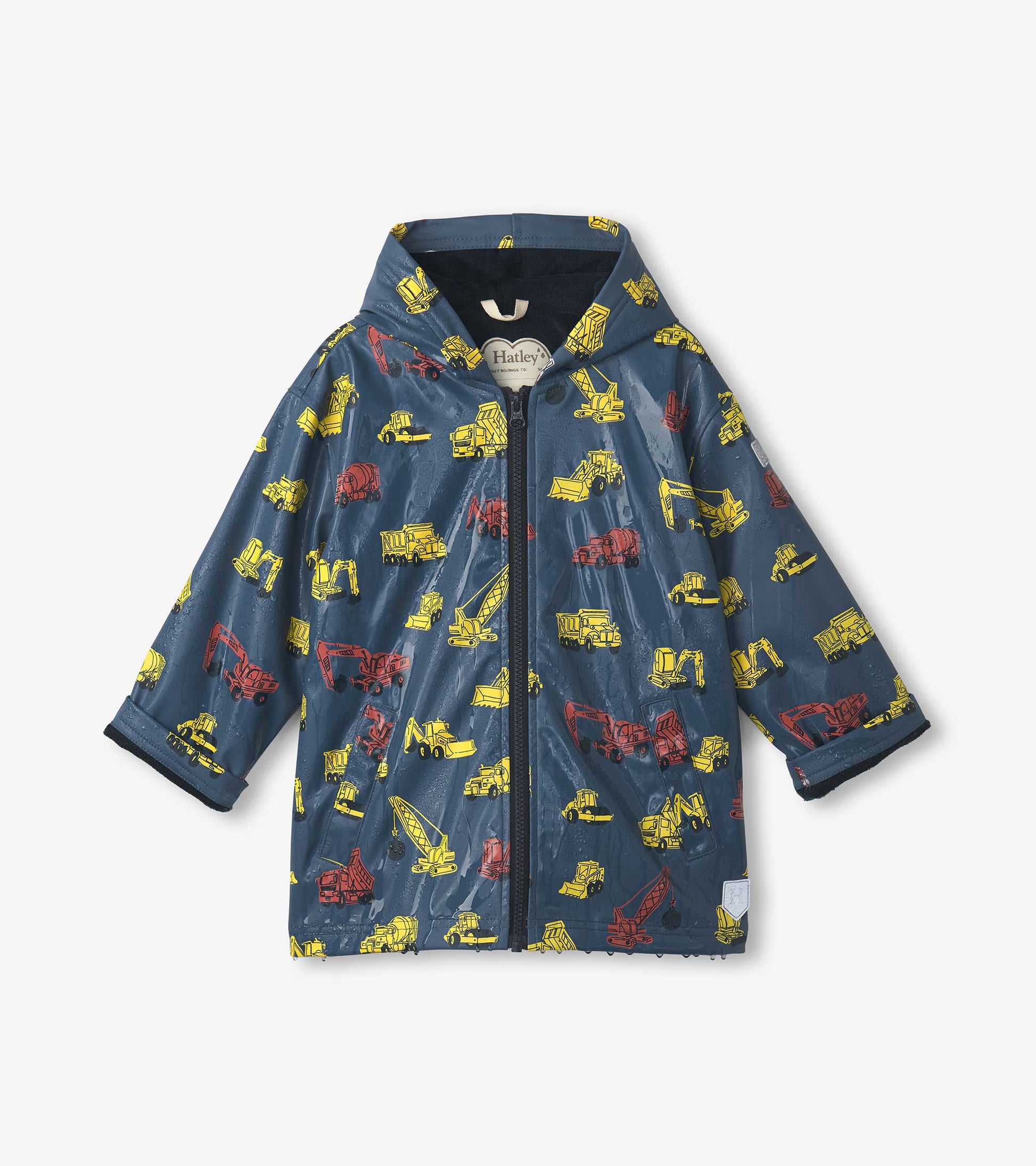 Navy zip-up raincoat featuring colorful construction vehicle prints, ideal for boys, with a hood and waterproof material.