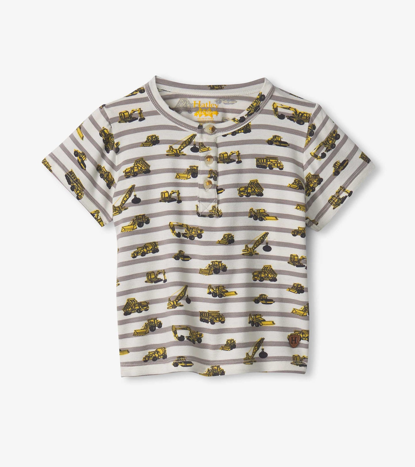 Gray striped henley shirt featuring yellow construction vehicle prints, designed for baby and toddler boys.