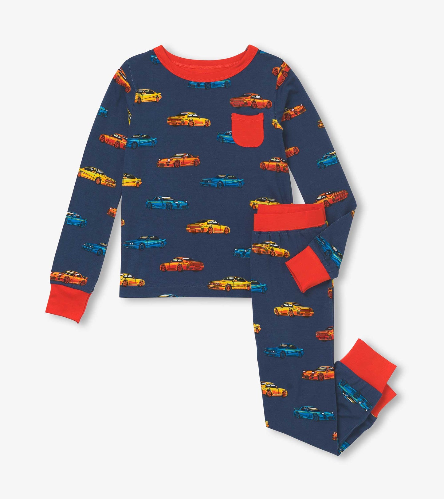 Navy bamboo pyjama set featuring colorful sport car prints, with red accents on the cuffs and pocket.