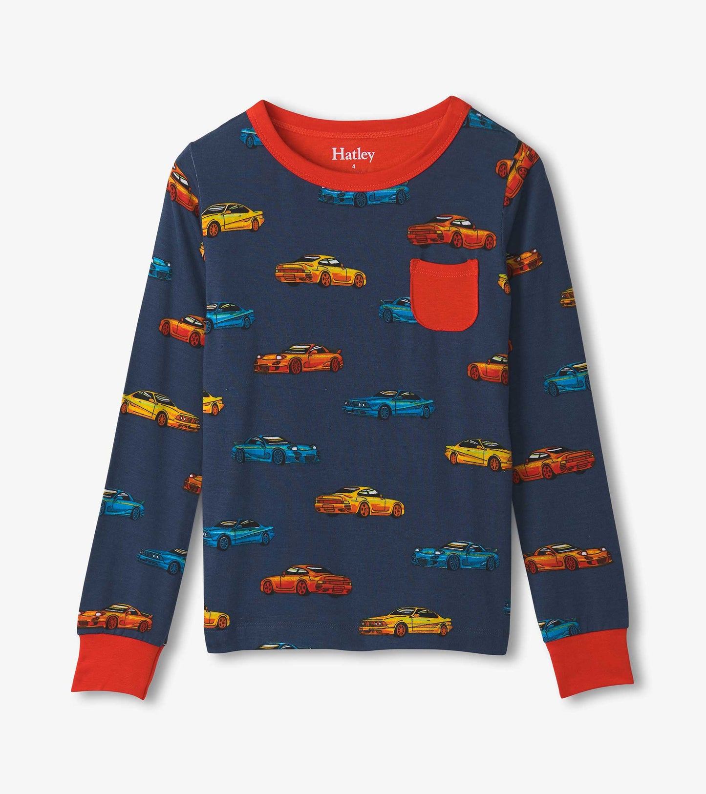 Navy bamboo pyjama top featuring colorful car prints and a red pocket, designed for boys.