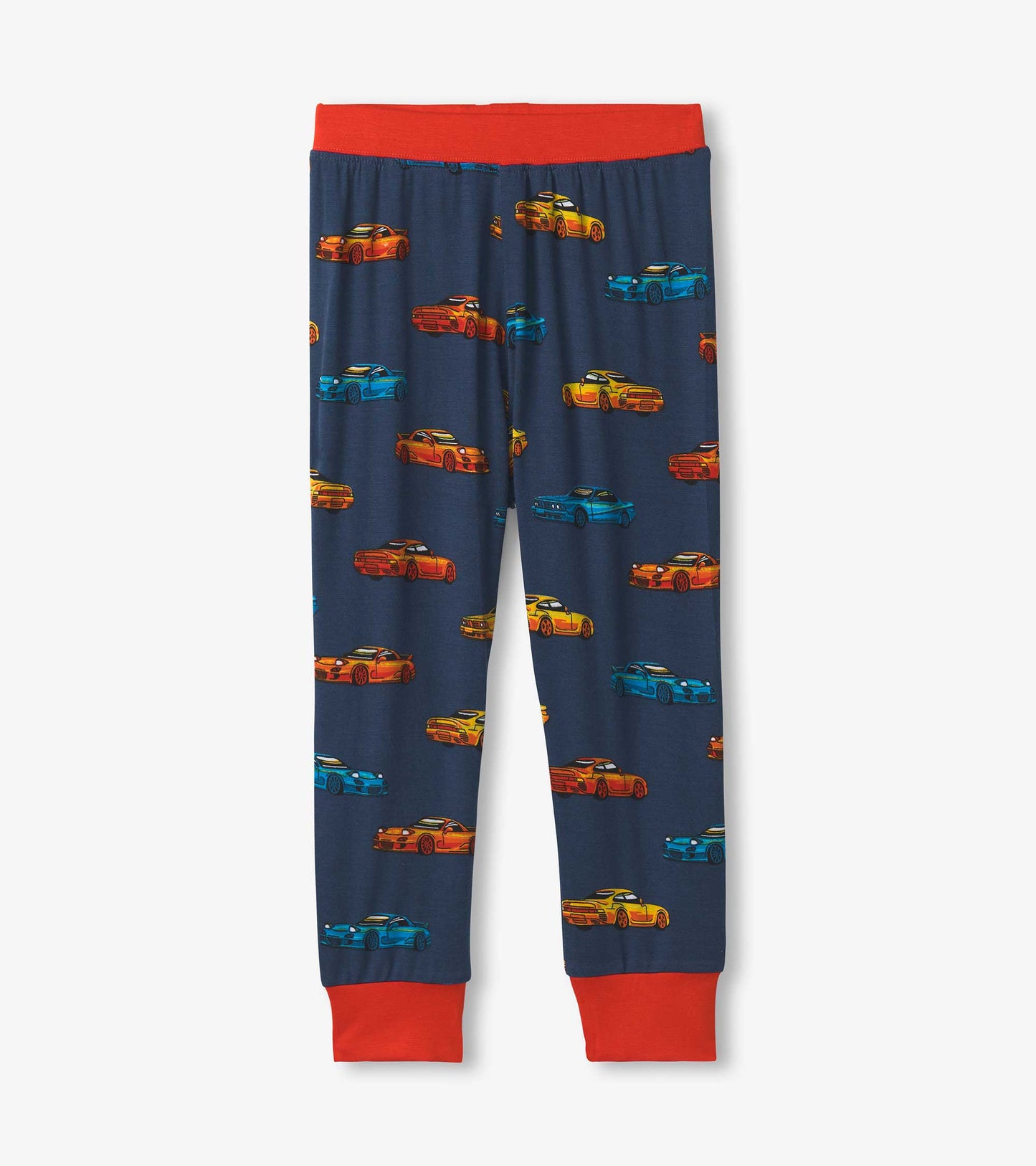 Navy bamboo pyjama set featuring colorful sport car prints and a red waistband, suitable for boys.