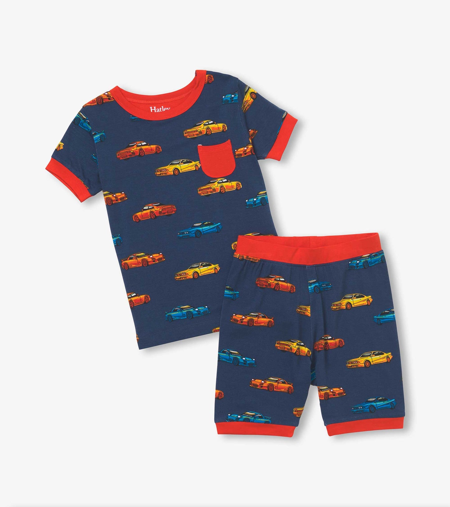 Navy bamboo short pyjama set featuring colorful sport car prints, with red trim on the shirt and shorts.