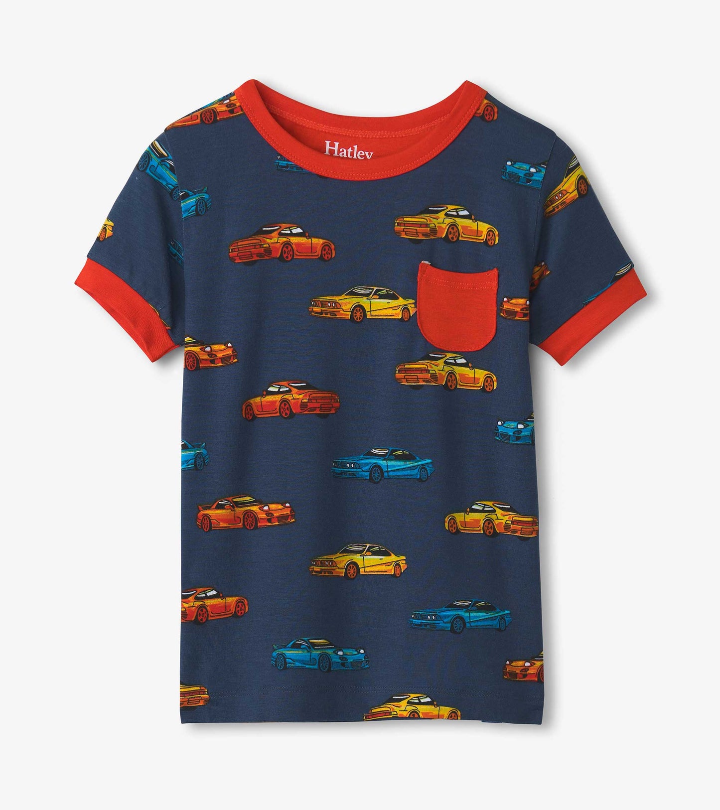 Navy short pyjama top with red trim featuring colorful car prints and a small pocket. Suitable for boys.