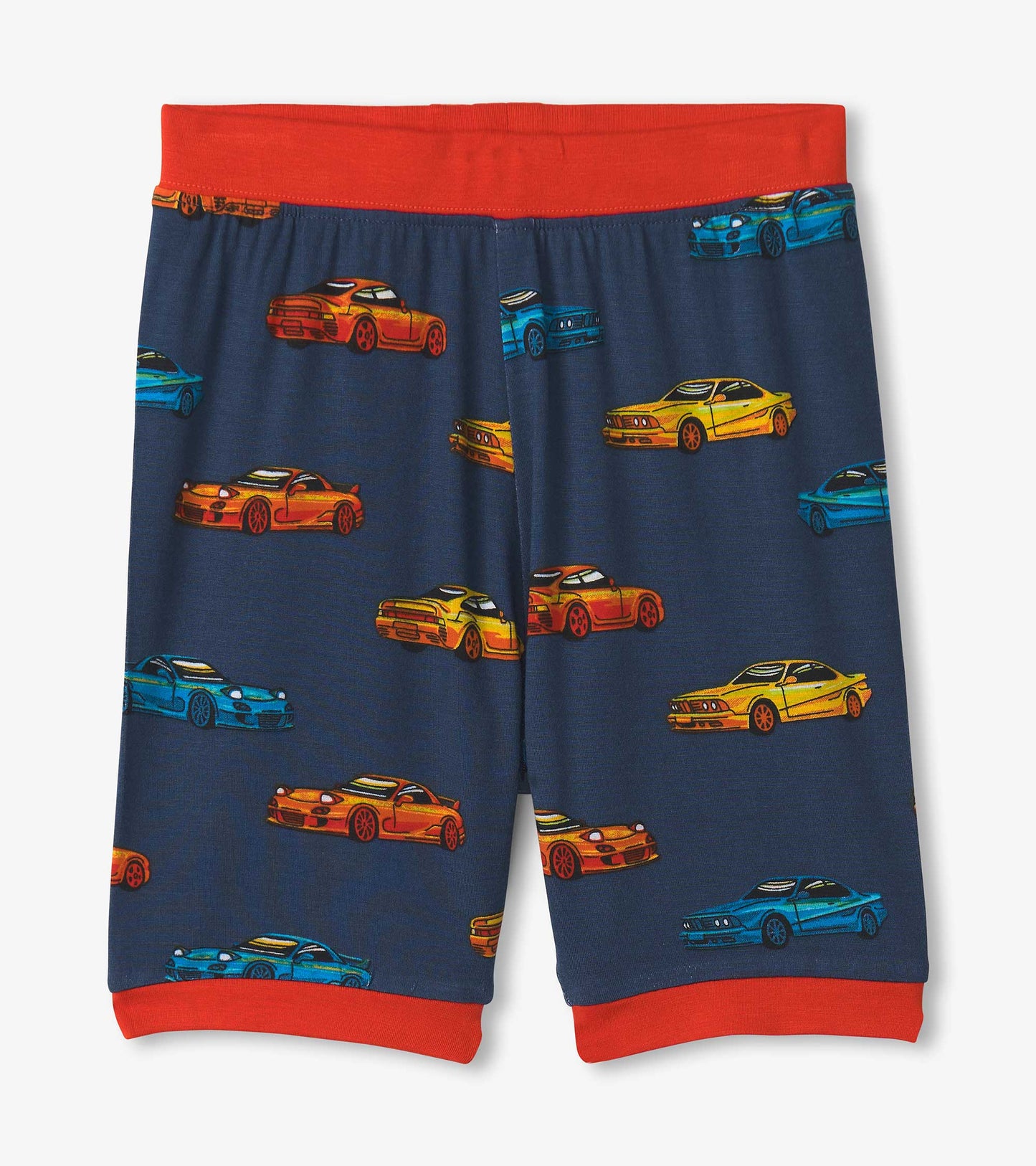 Navy bamboo shorts featuring colorful car prints and a red elastic waistband, ideal for boys' sleepwear.