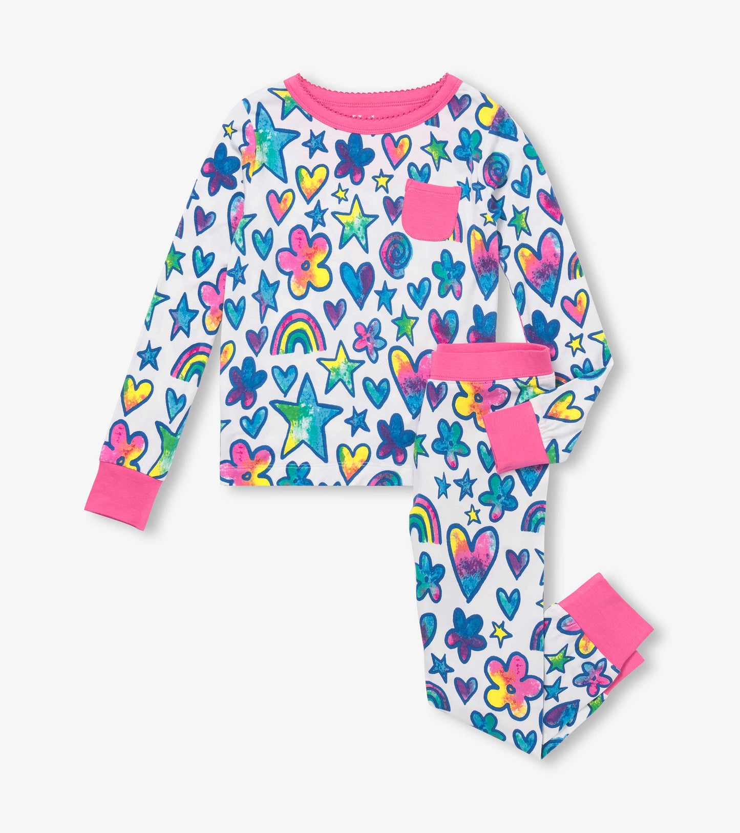 Bamboo pyjama set featuring colorful watercolour doodles of stars, hearts, and flowers with pink cuffs and pocket.