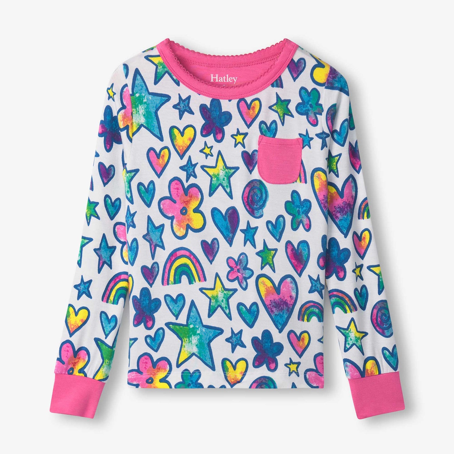 Colorful long-sleeve pyjama top featuring a watercolour doodle pattern of stars, hearts, and flowers with a pink neckline.