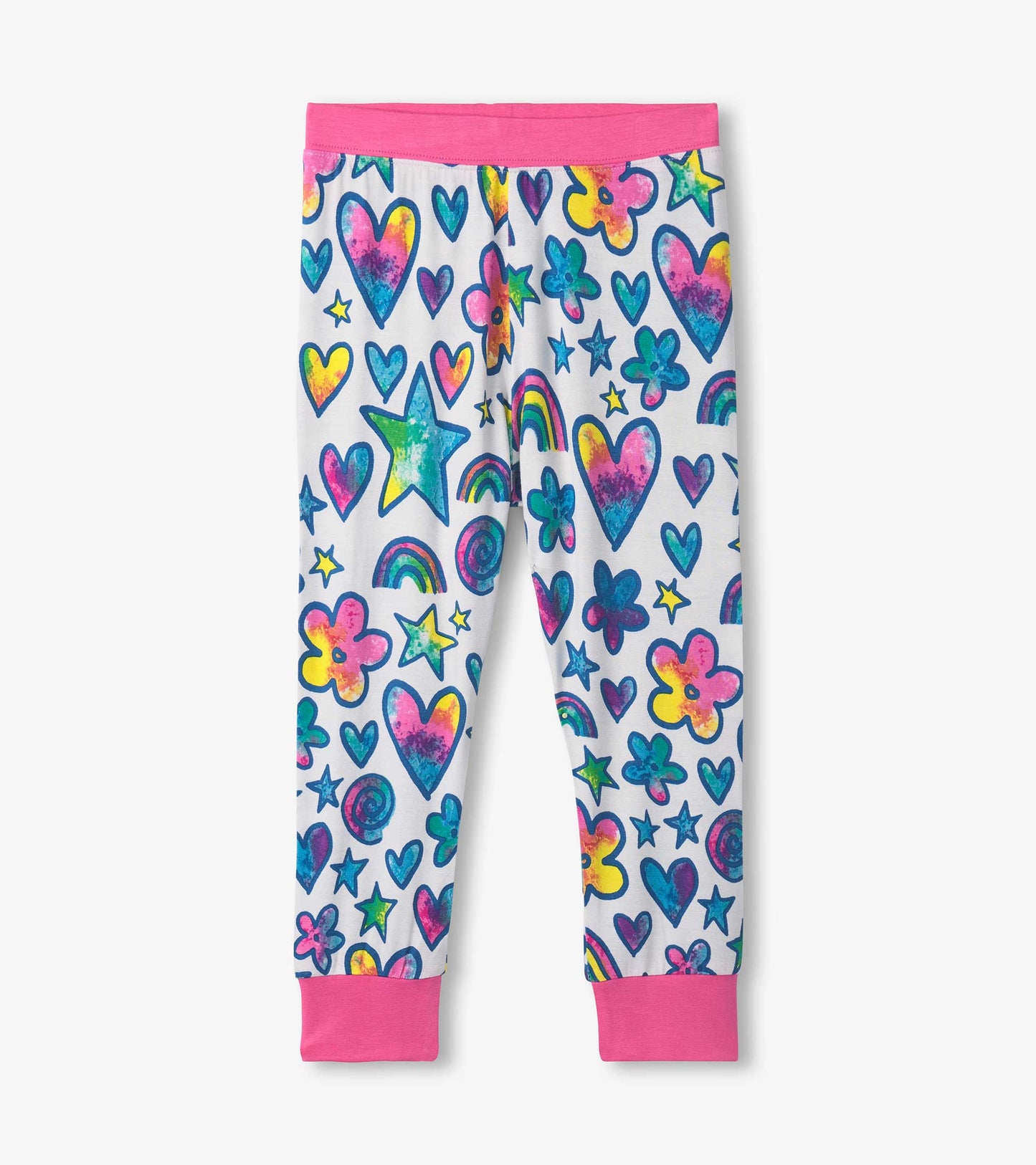 Bamboo pyjama set featuring colorful watercolour doodles of hearts, stars, and flowers with a pink waistband and cuffs.