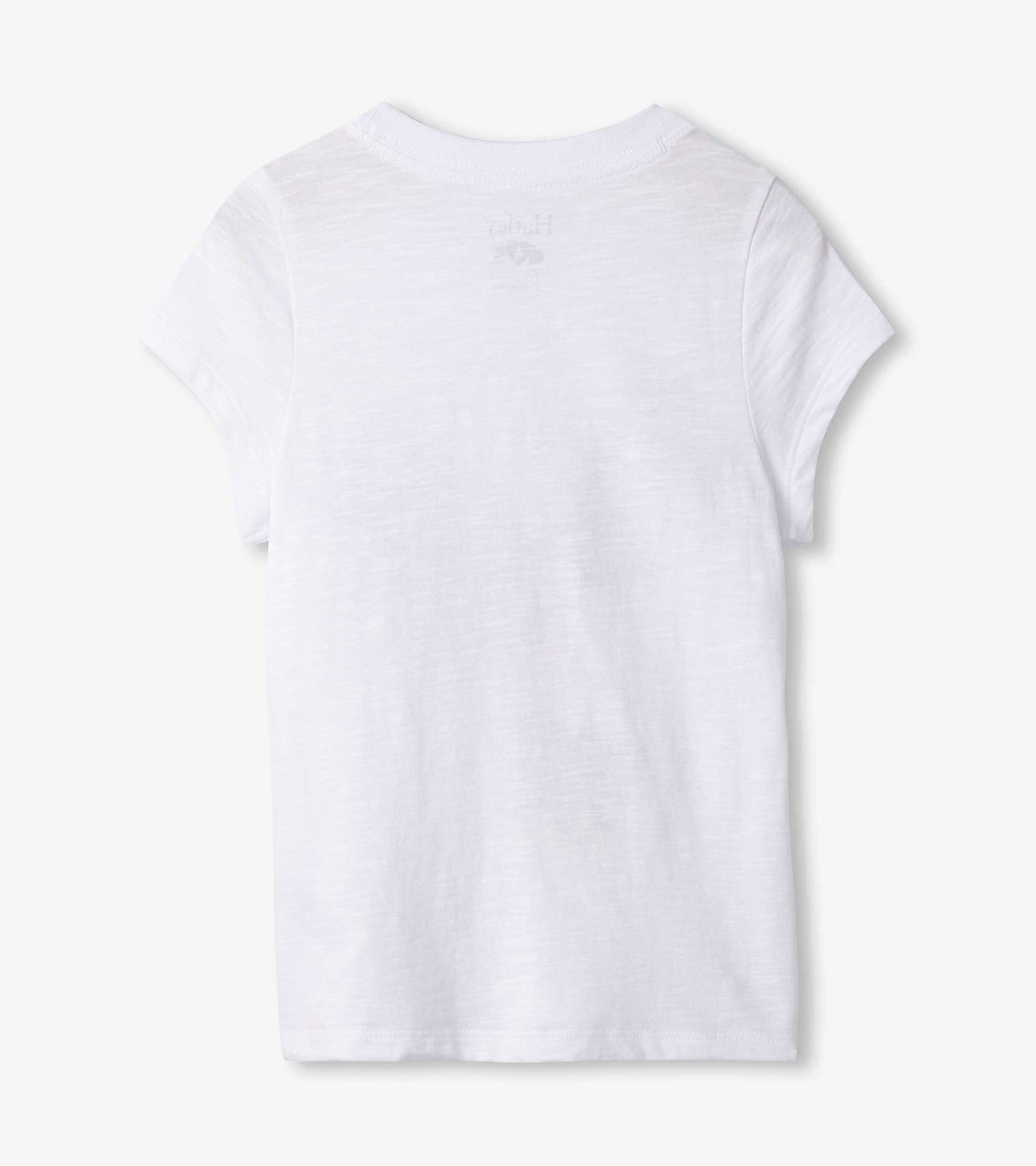White short-sleeve tee featuring a parrot graphic on the front, suitable for girls.