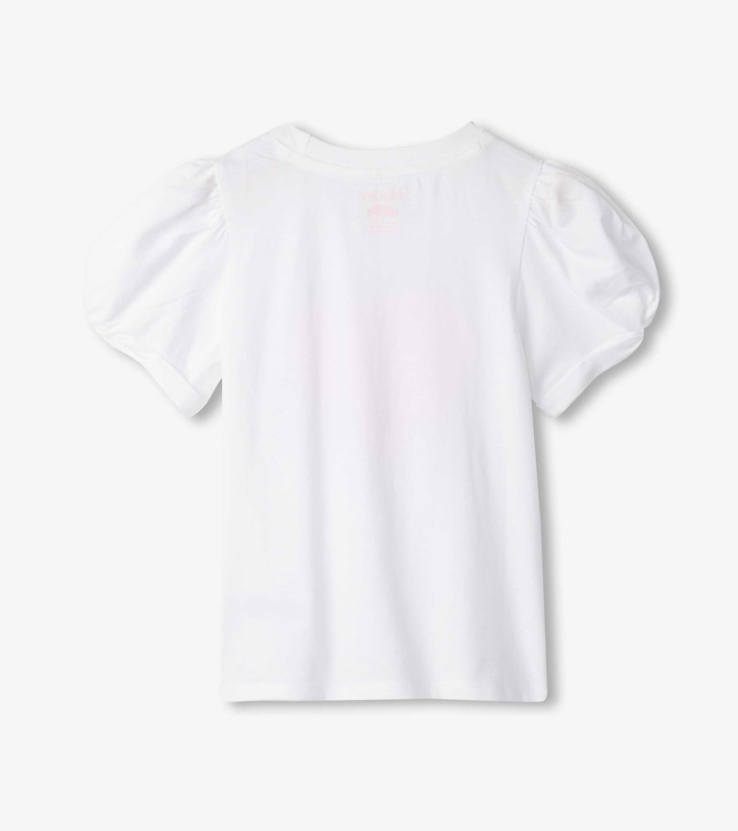 White short-sleeve tee with twisted sleeves and double heart design, viewed from the back.