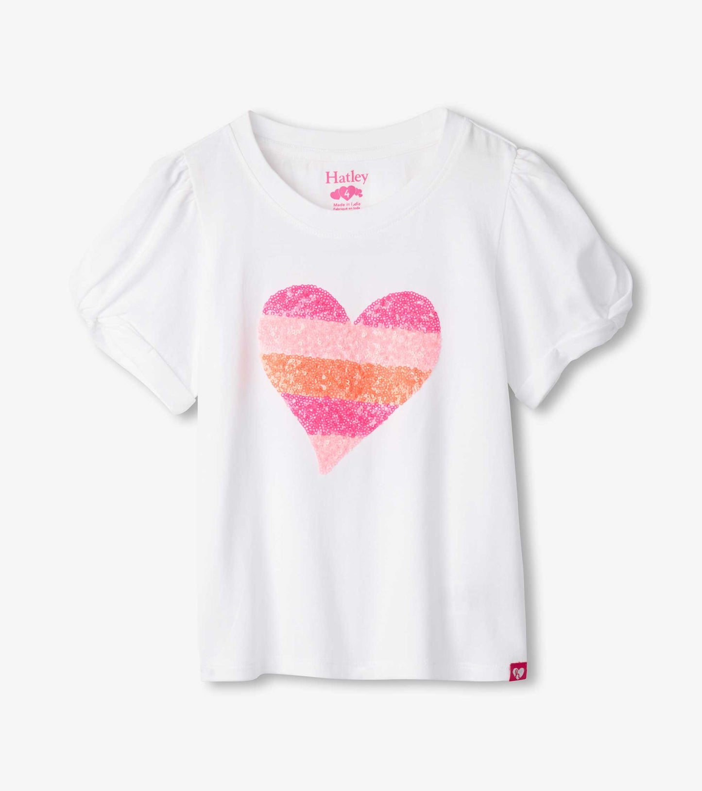 White short-sleeve tee featuring a large, multicolored sequin heart design on the front.