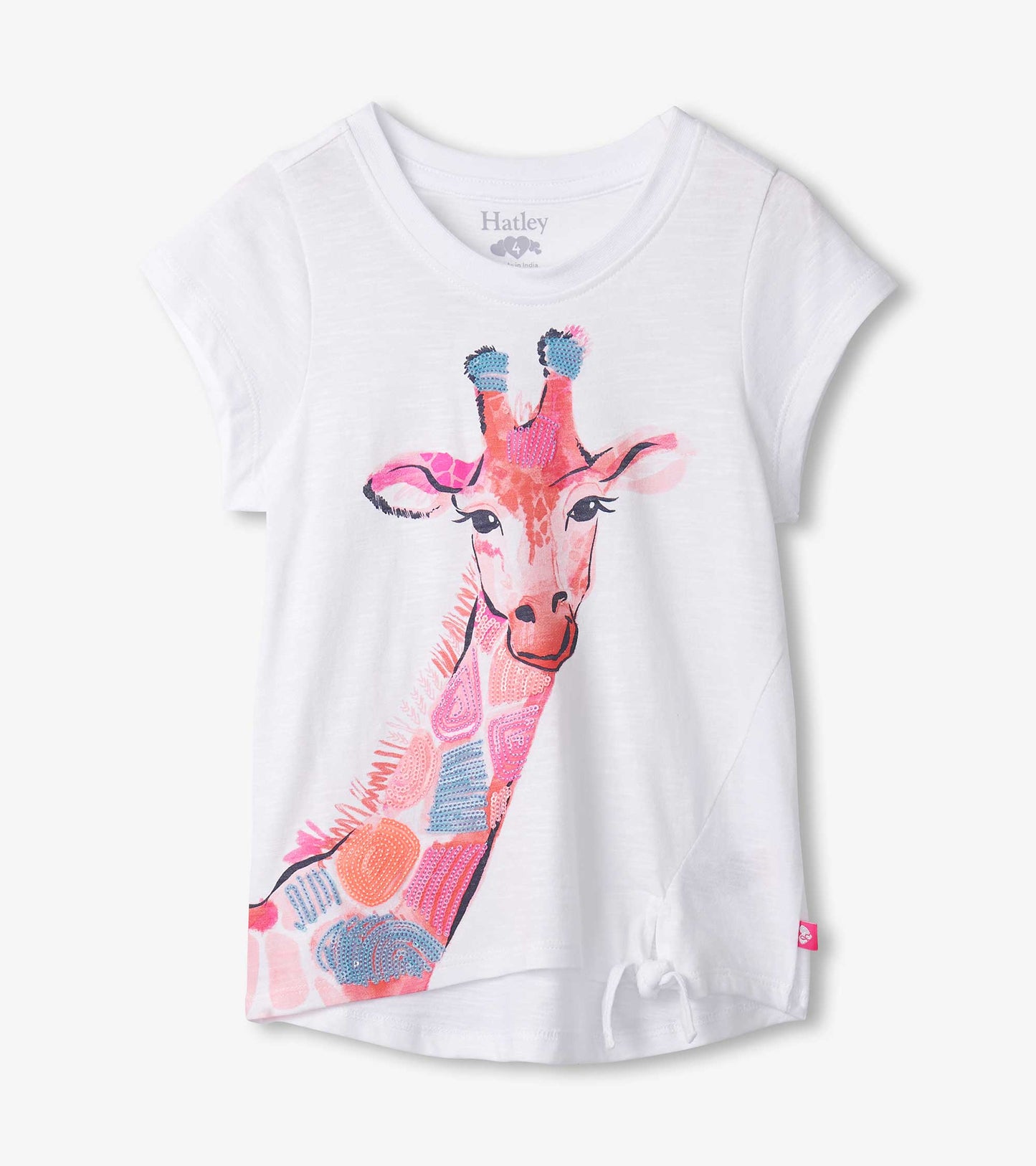 White tie-front t-shirt featuring a colorful giraffe graphic on the front. Short sleeves and a relaxed fit.