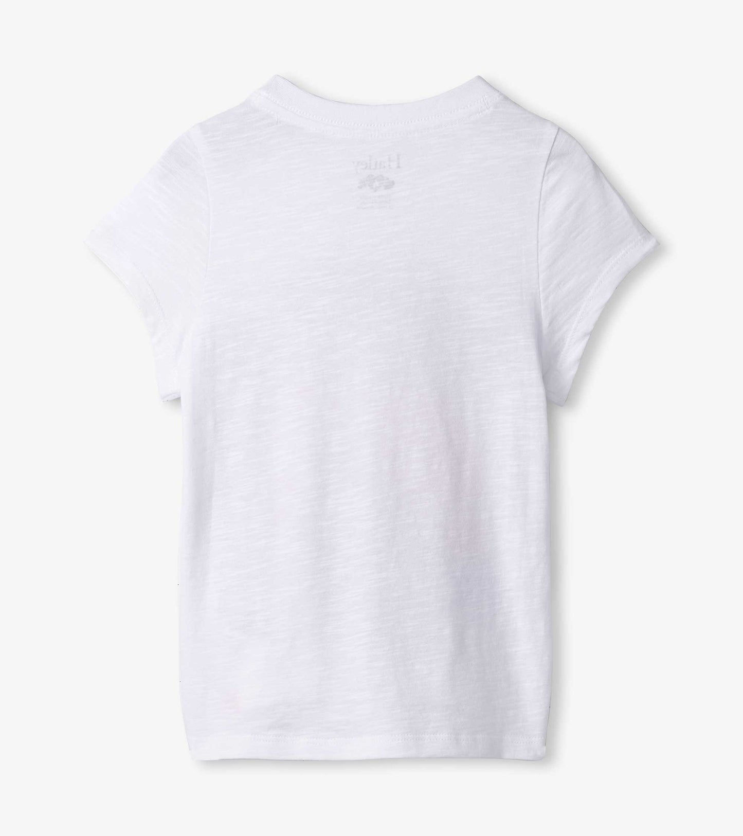 White short-sleeve graphic tee featuring a soft, lightweight fabric, designed for girls. Back view shown.