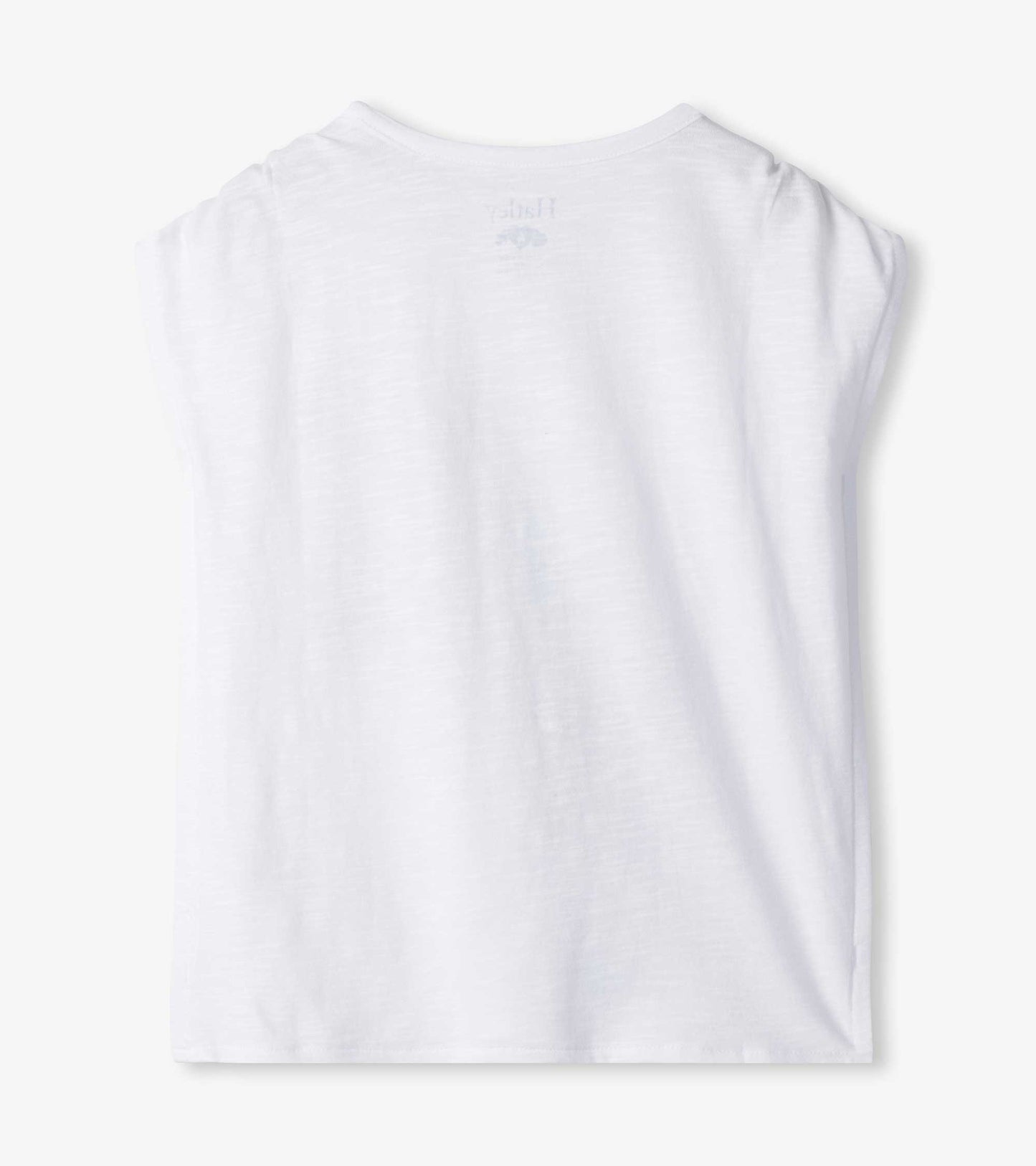 White cinched shoulder top for girls, featuring a relaxed fit and soft fabric, suitable for casual wear.