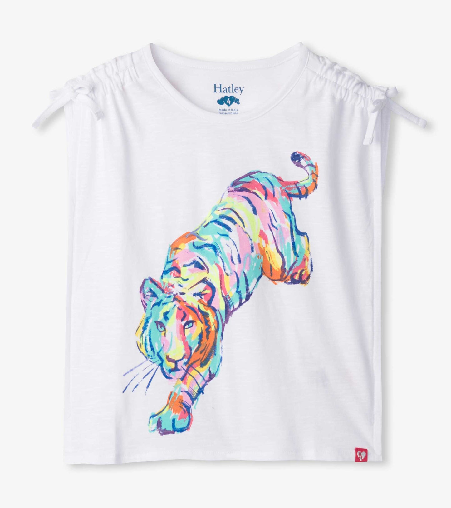 White cinched shoulder top featuring a colorful, artistic tiger print on the front.
