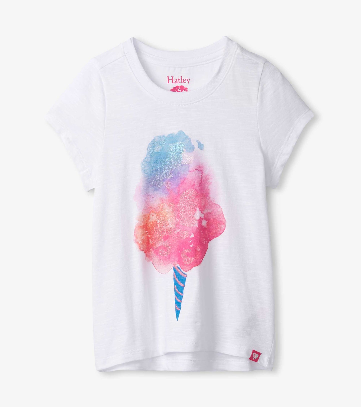 White cotton tee featuring a colorful cotton candy graphic in pink and blue tones. Short sleeves and a relaxed fit.