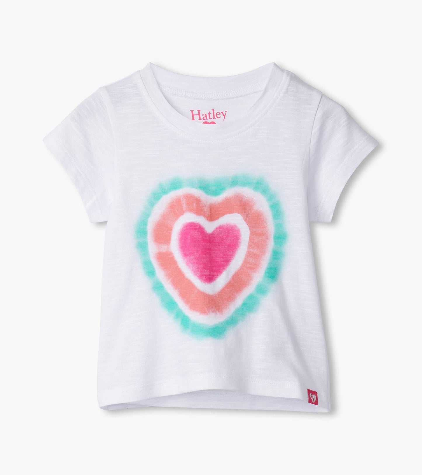 White short-sleeve tee featuring a colorful heart graphic in pink, orange, and teal.