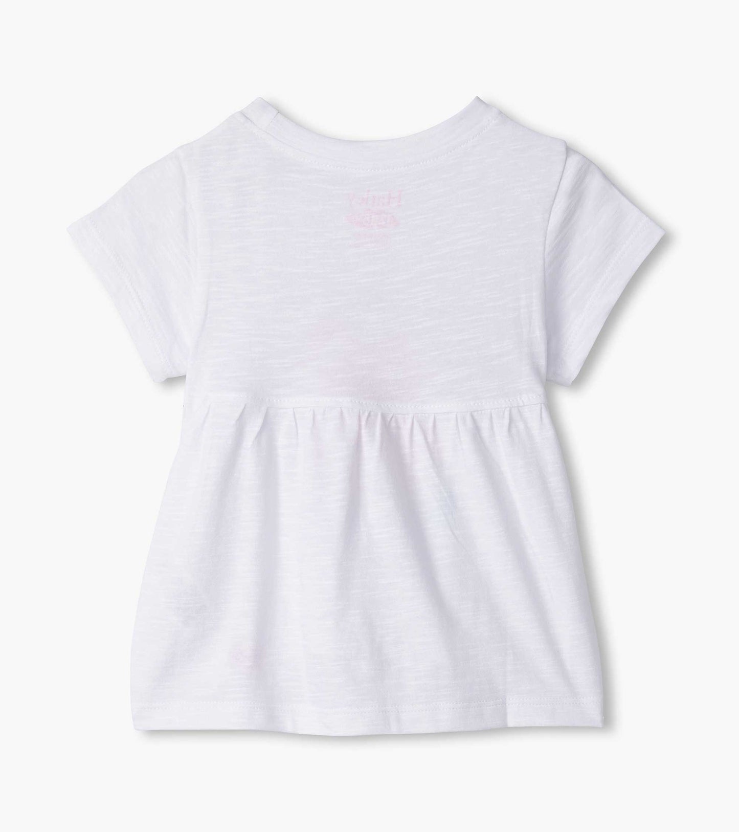 White short-sleeve tee with a gathered waist and glowing hearts graphic on the front.