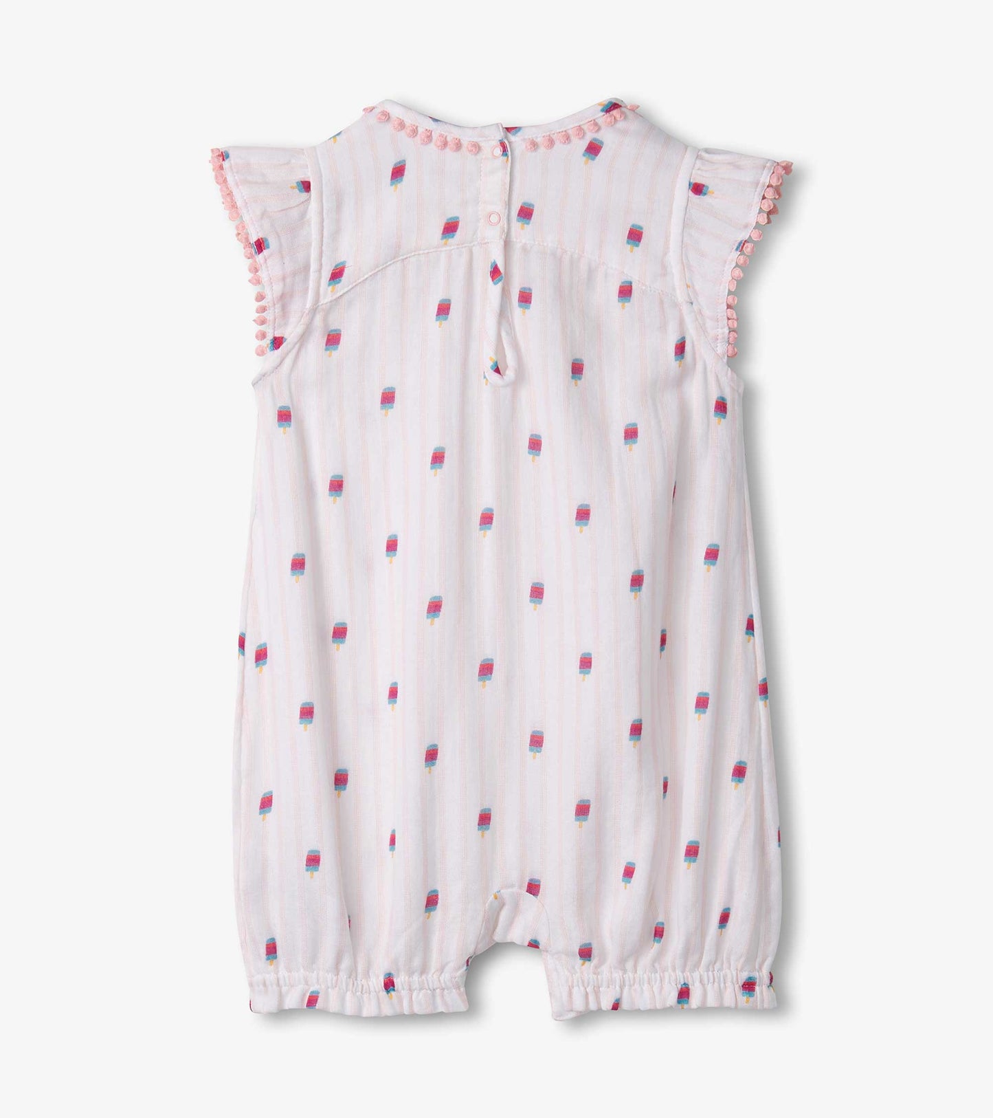 White shortall with colorful popsicle pattern, ruffled sleeves, and button closure at the back.