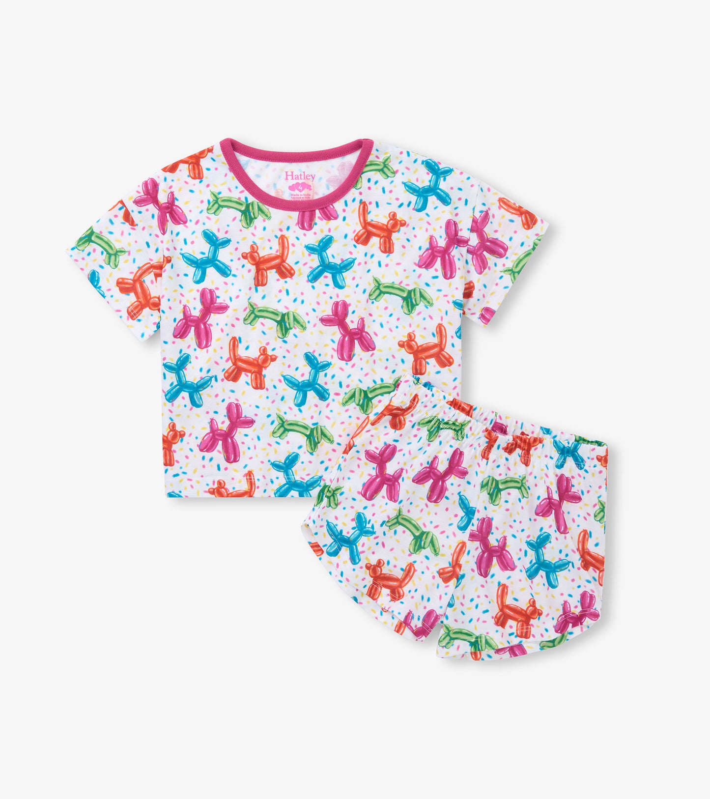 White short pajama set with multicolored balloon animal print and pink crew neckline