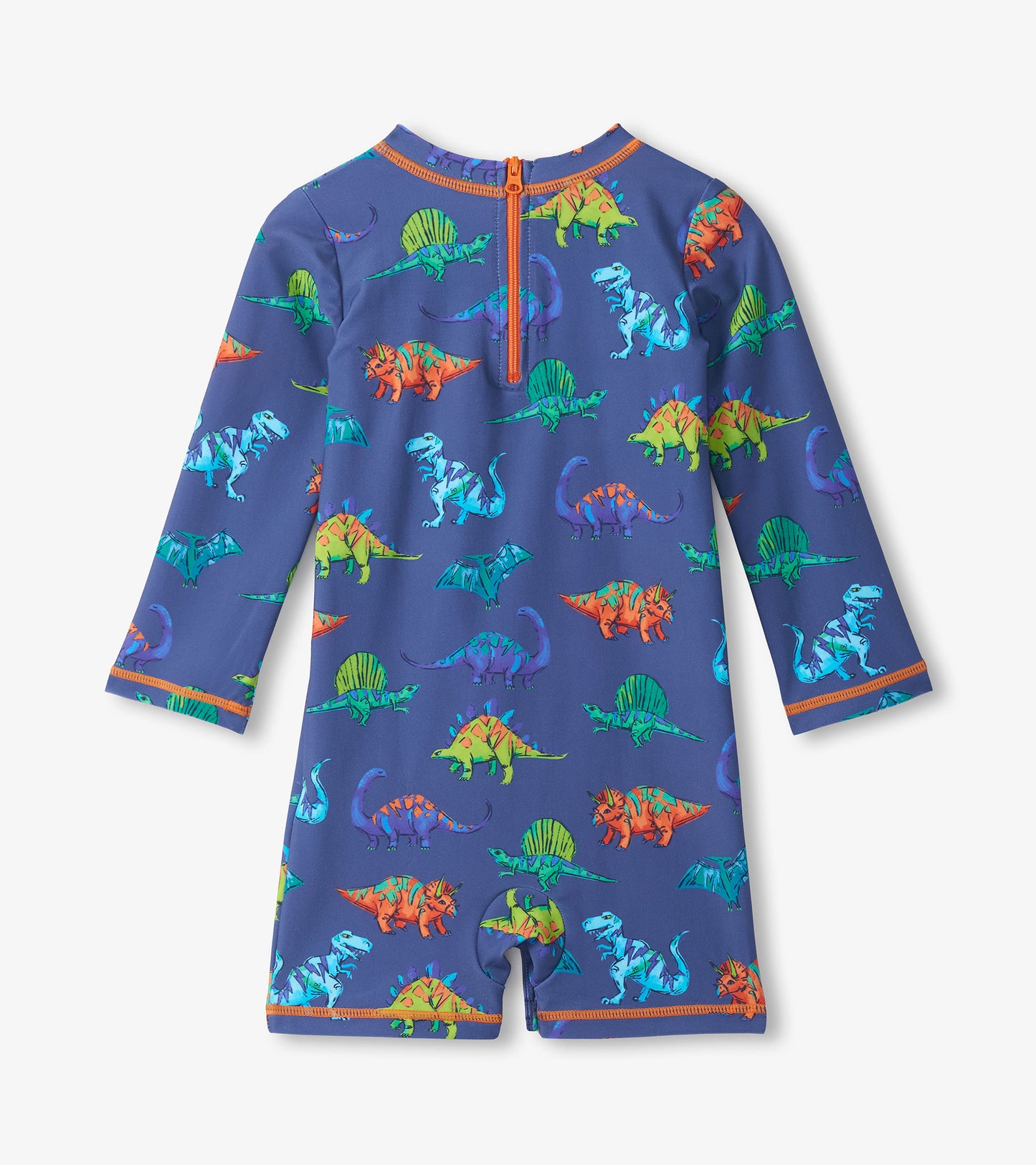 Long-sleeve baby rashguard swimsuit with blue dinosaur print and orange zipper trim, front view