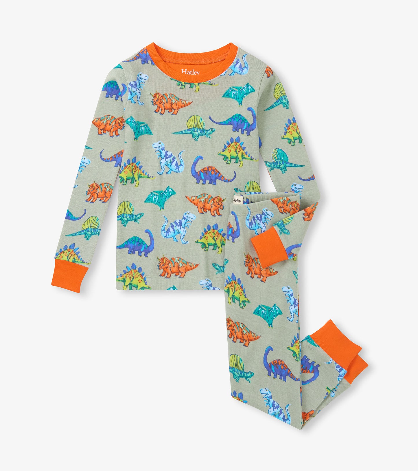 Two-piece sage green pajama set with colorful dinosaur print and bright orange neck, cuffs and ankles