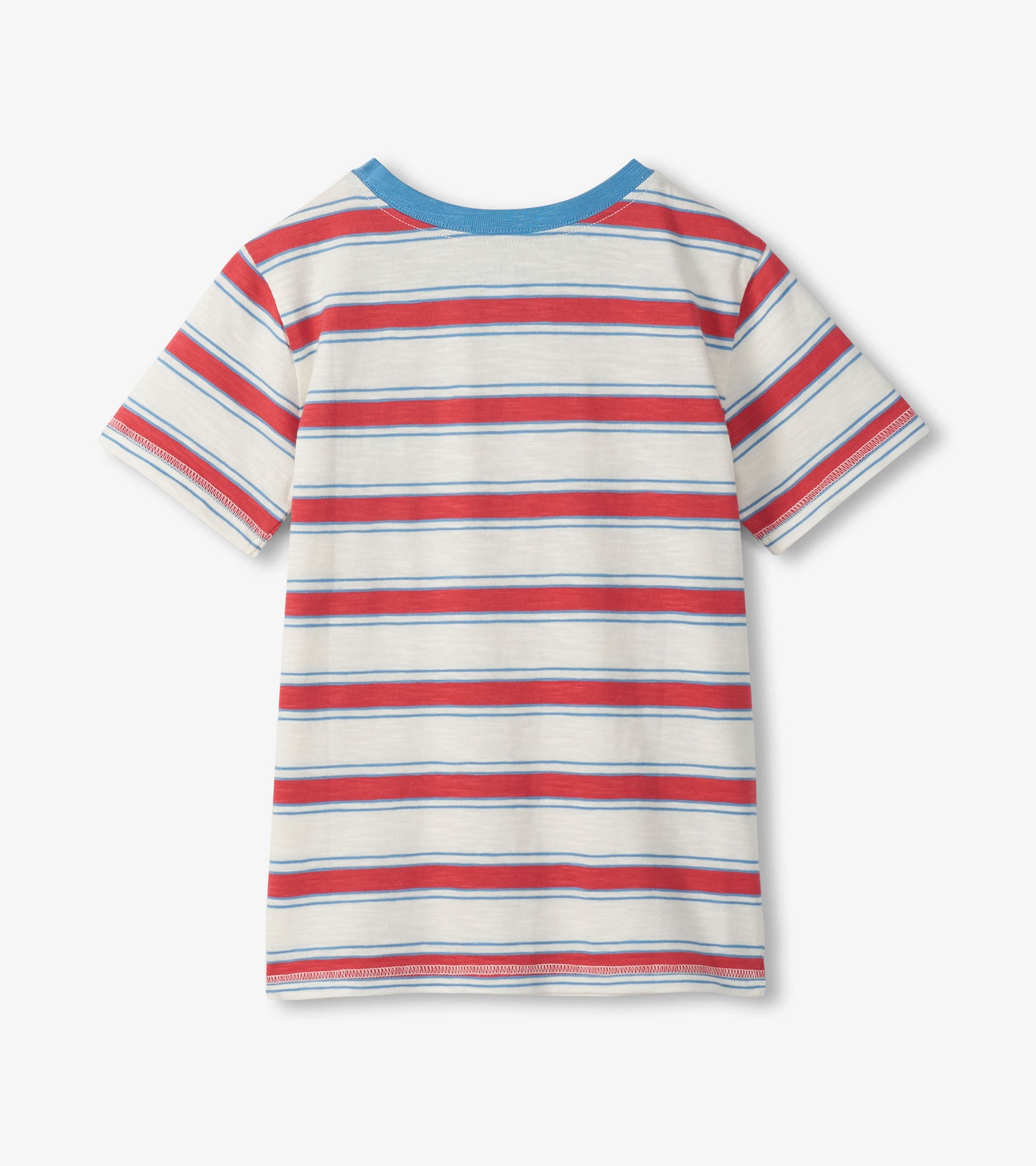 Back view of a white crew neck T-shirt with red and blue horizontal stripes and blue collar trim