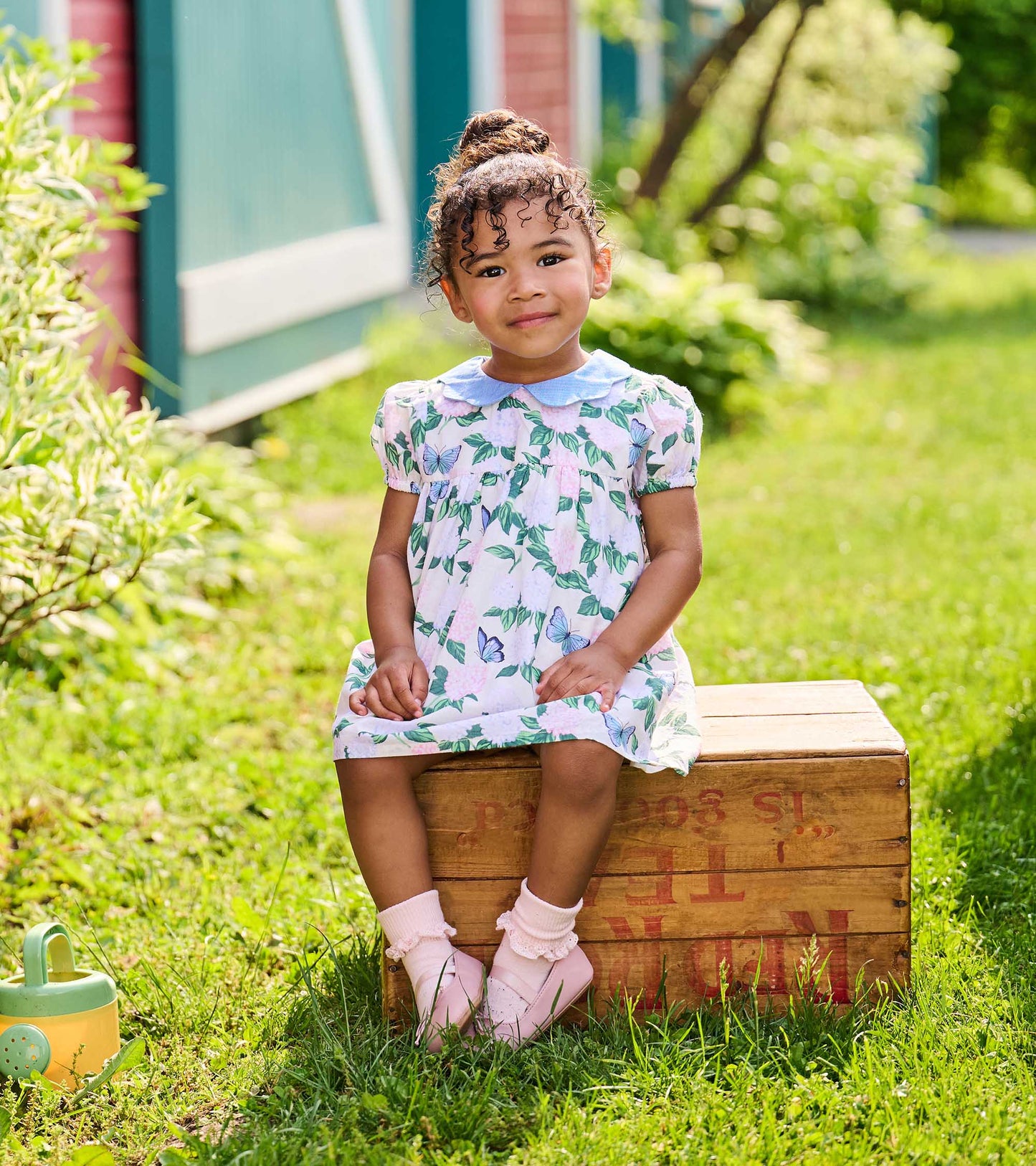 Toddler girl seated outdoors in a cream floral dress with blue butterflies and a blue Peter Pan collar