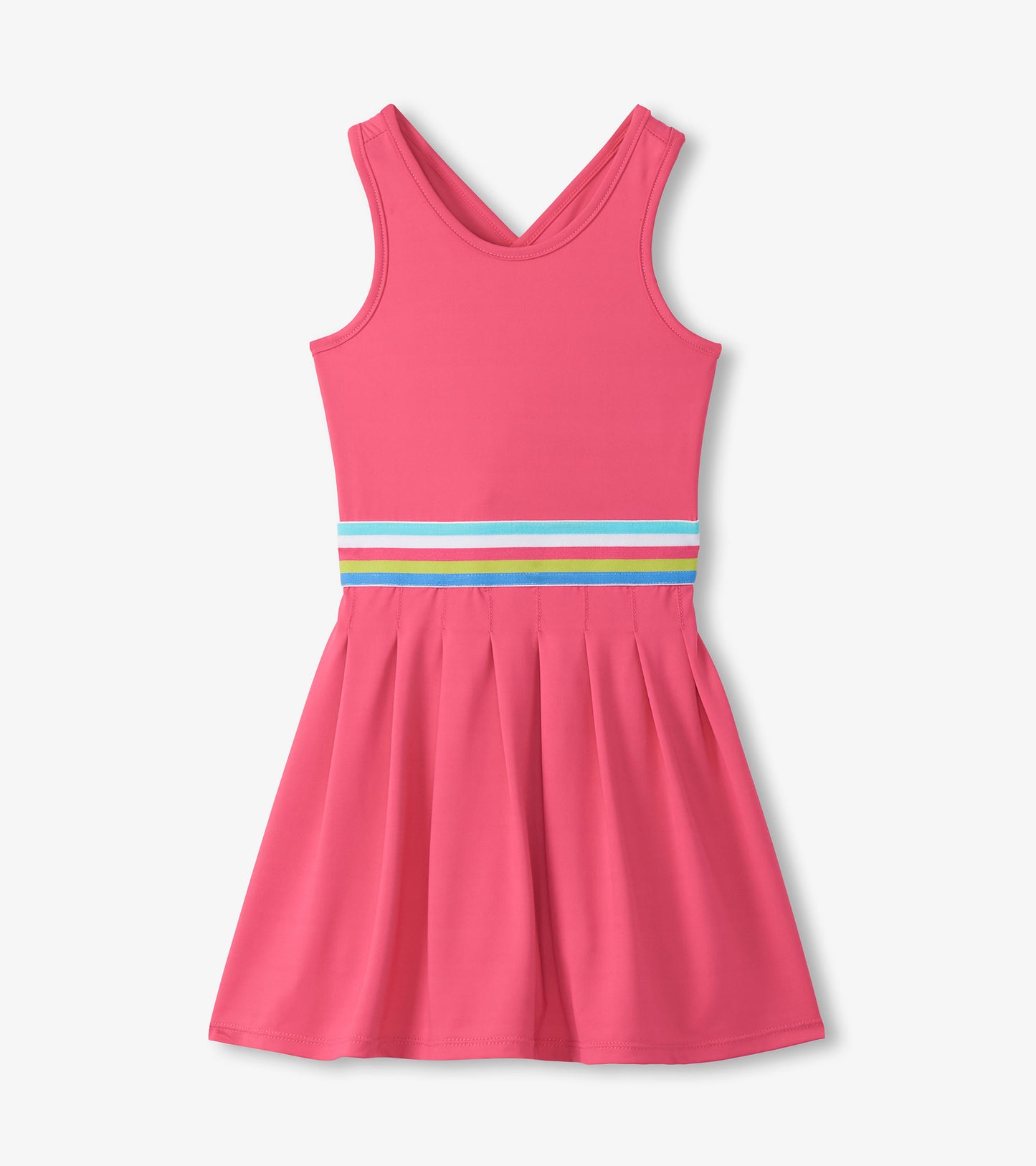 Girls bright pink sleeveless active dress with pleated skirt and multicolor striped waistband