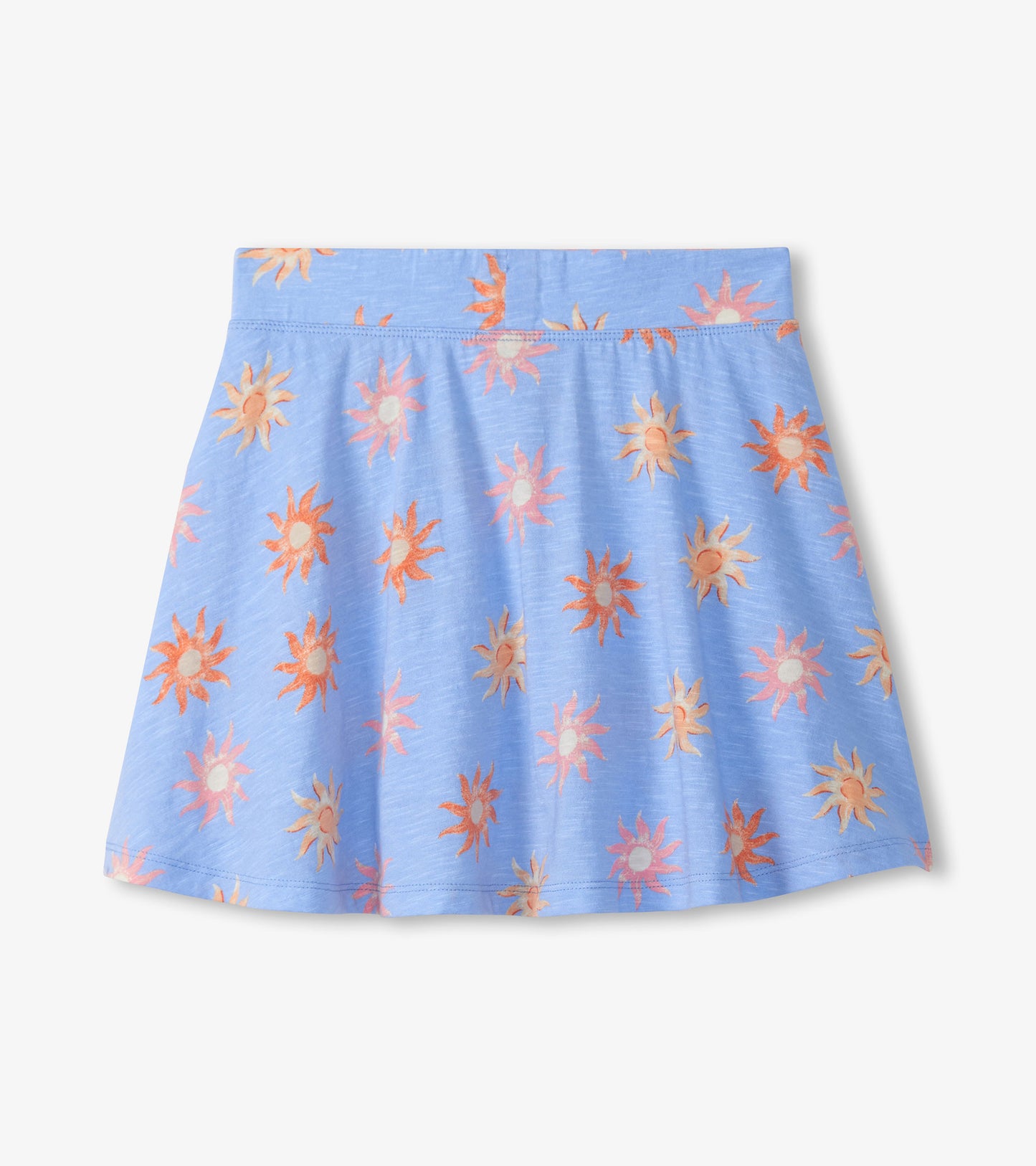 Light blue girls skort with orange and pink sun print, front view