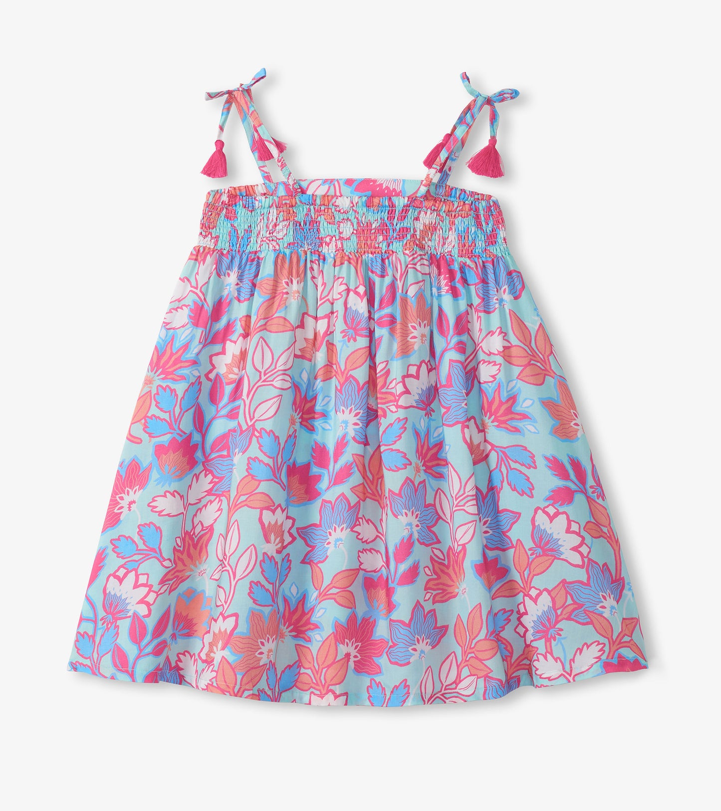 Girls blue floral smocked sundress with tie shoulder straps and pink tassels, front view